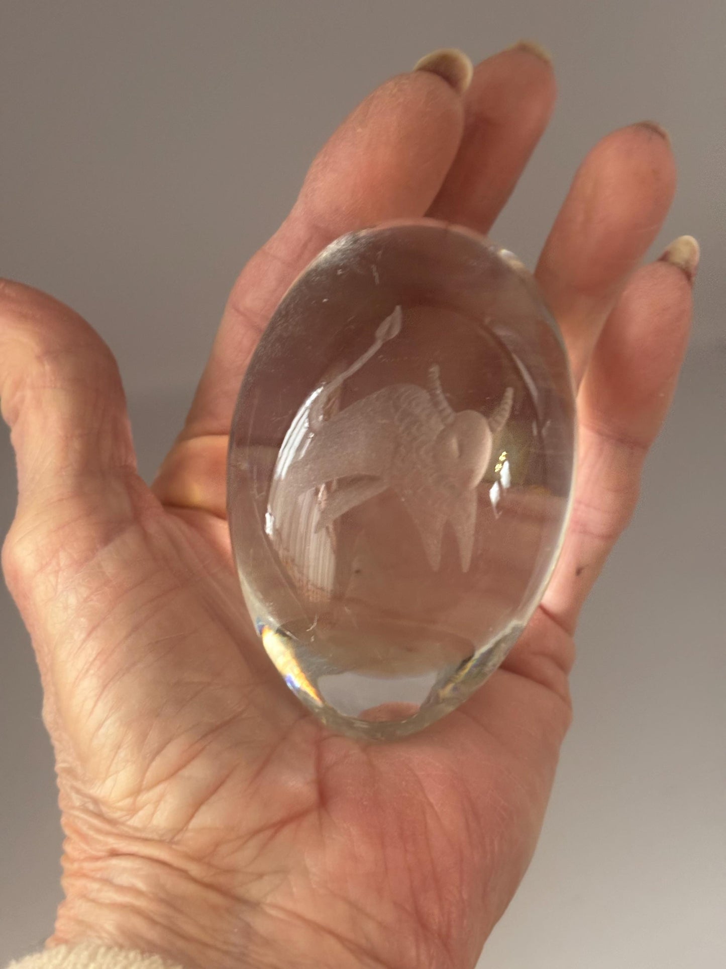 Vintage Ekenas Crystal Glass Paperweight Etched Taurus Bull Sweden