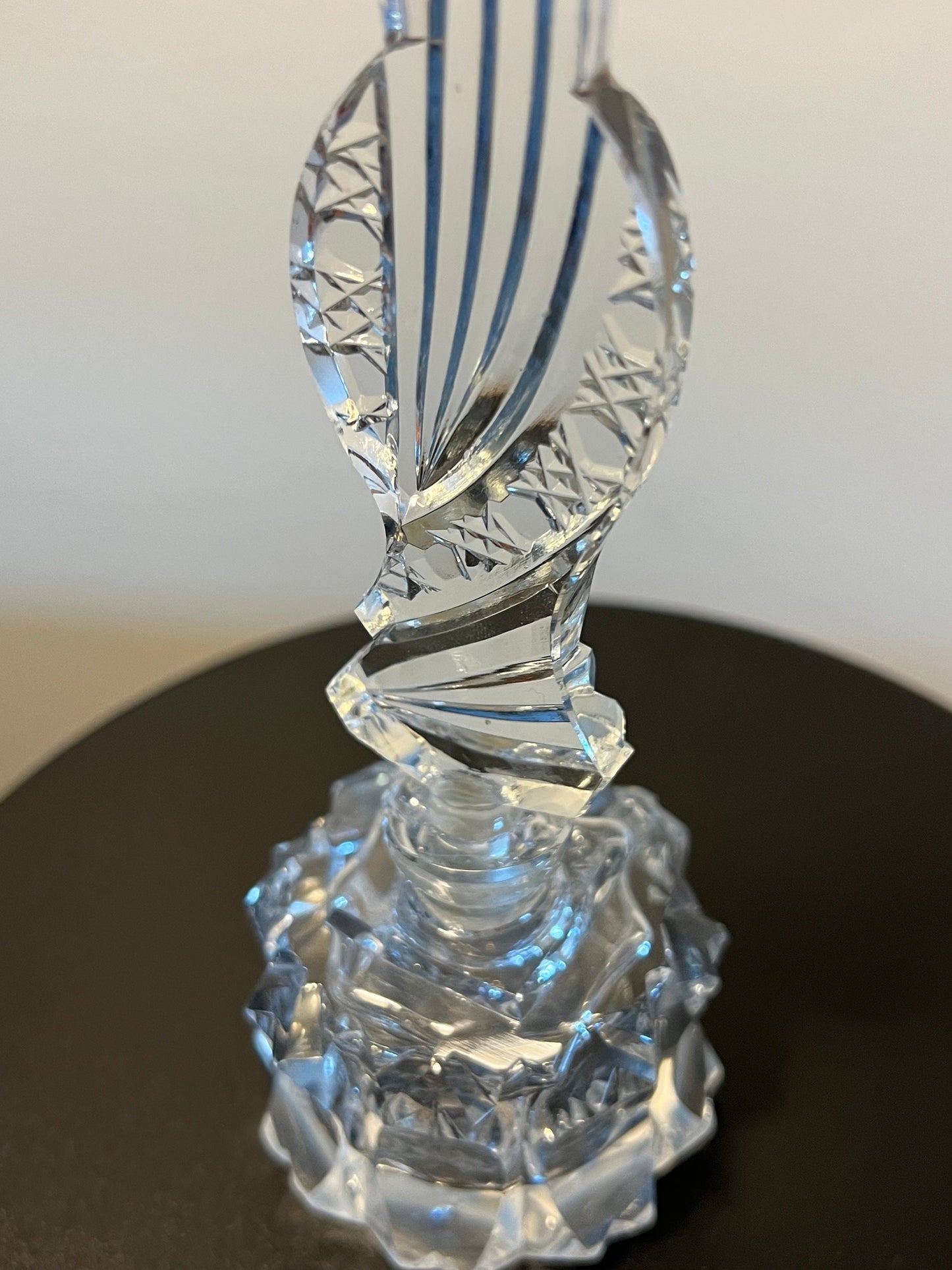 Vintage Cut Crystal Perfume Bottle: Etched Glass Stopper, Art Deco Display