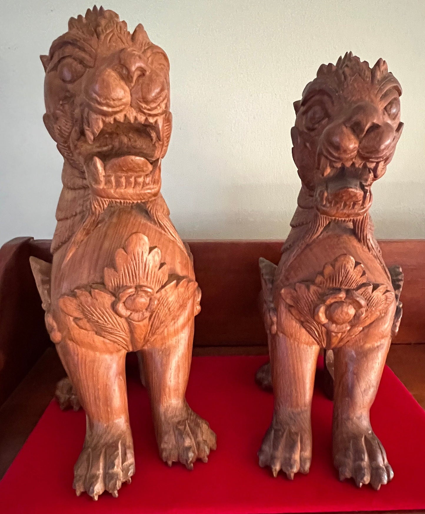 Vintage Carved Teak Foo Dogs: Hong Kong Statues, Set of 2