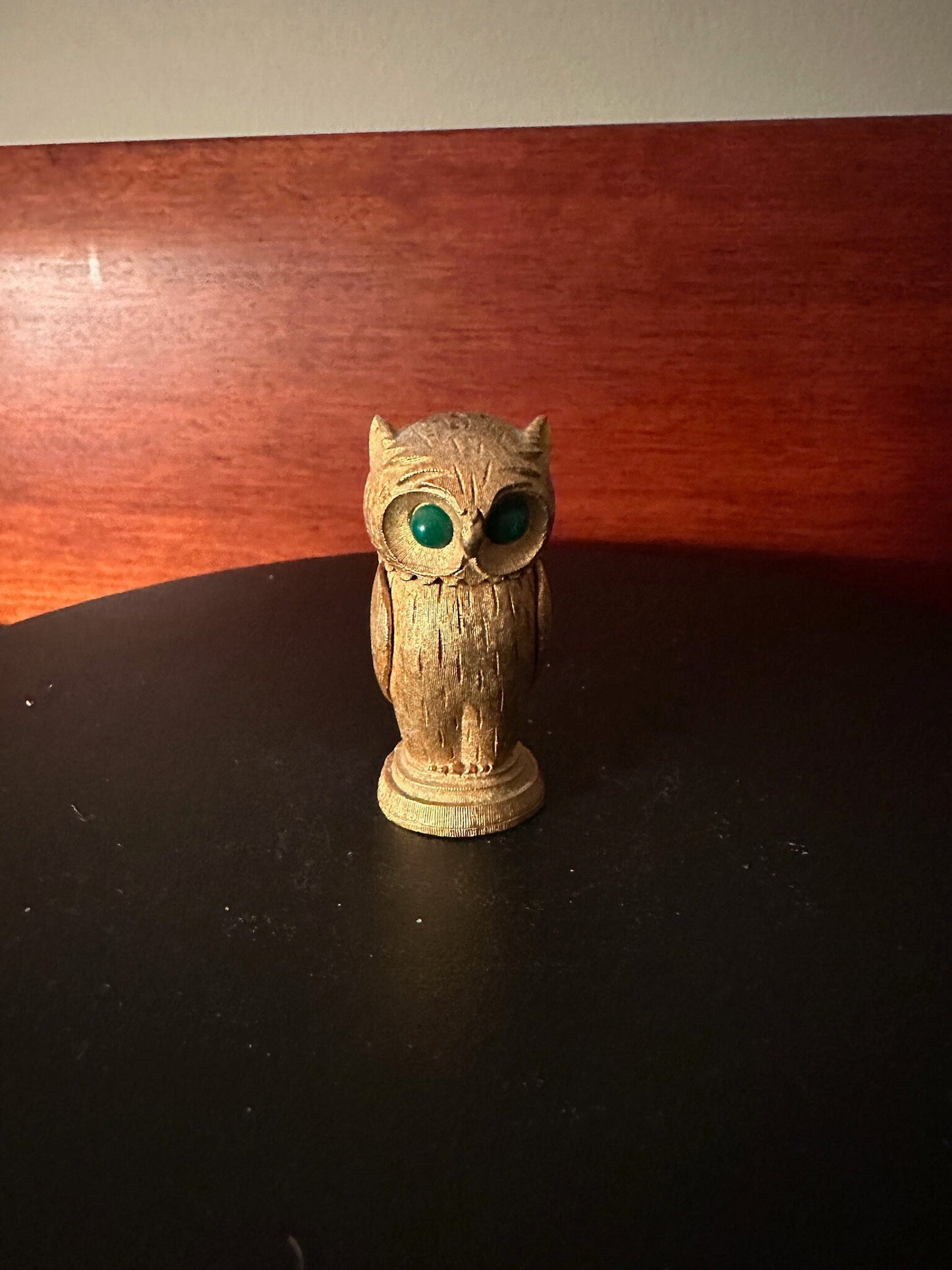 Vintage Florenza Gold Owl with Green Jade Eyes Figurine, Golden Green Eyed Owl, Lover Antiques and Vintage