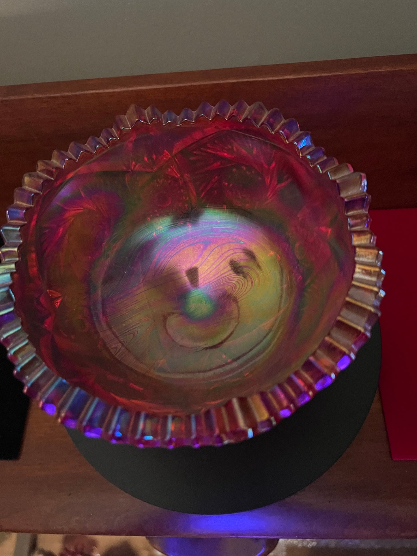 Vintage LE Smith Ruby Red Carnival Glass Footed Bowl: Heritage Aztec Design