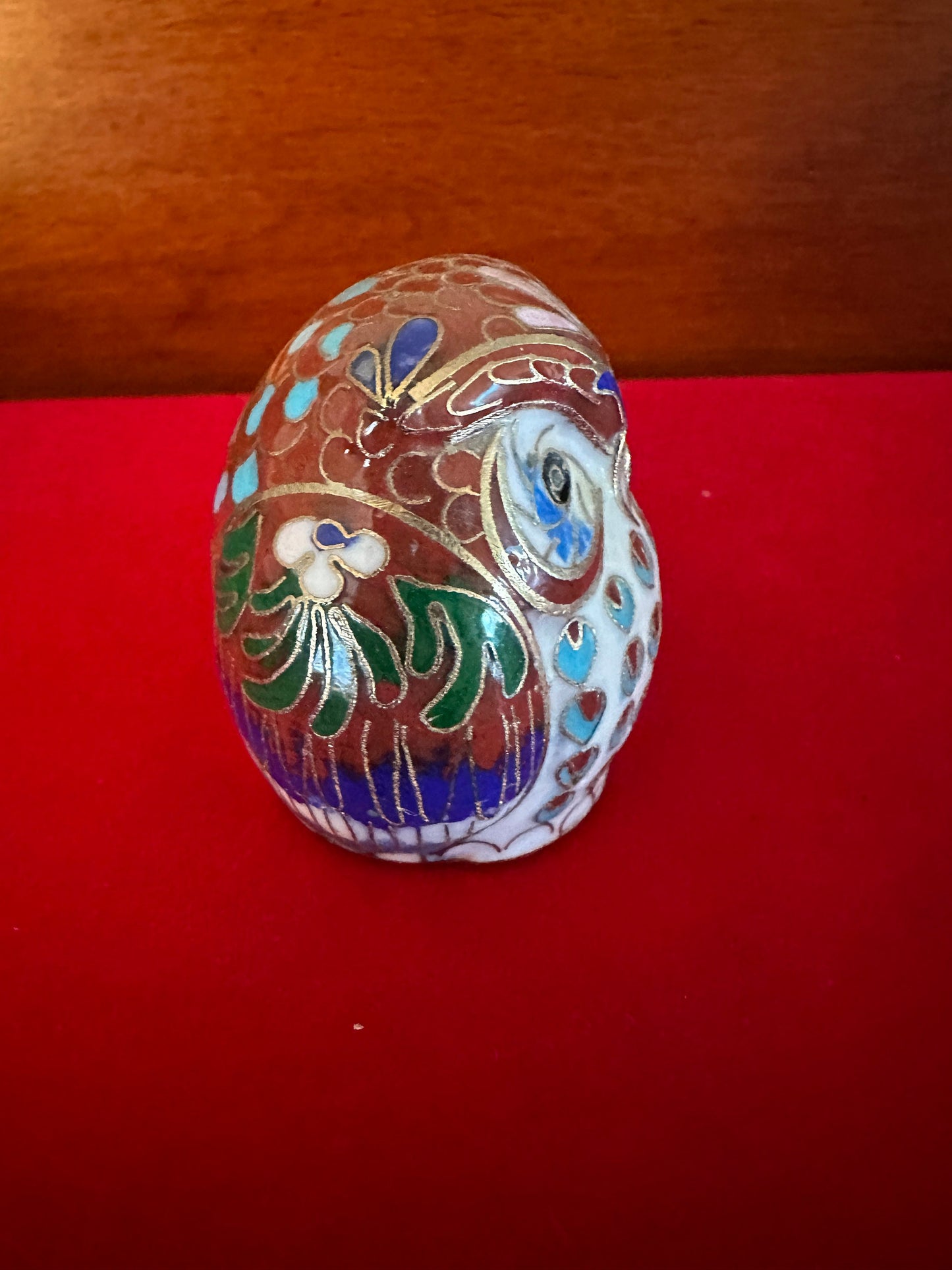 Vintage Cloisonné Enamel Owl Figurine: Cobalt Blue & Brass Base