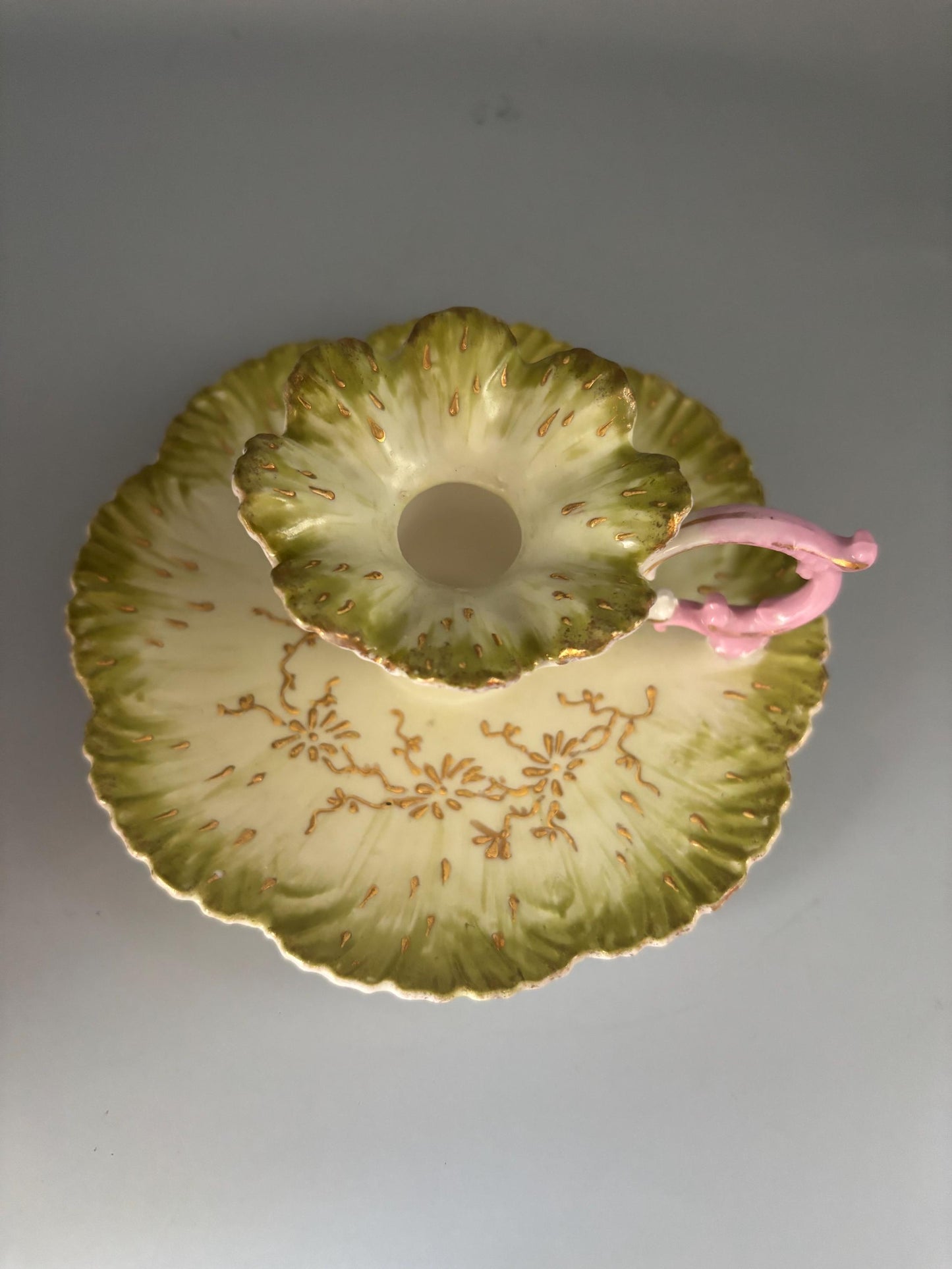 Vintage Limoges Green Gold Pink Fancy Candle Chamberstick with Saucer, French Porcelain Candle Holder, Unique Gift for Her