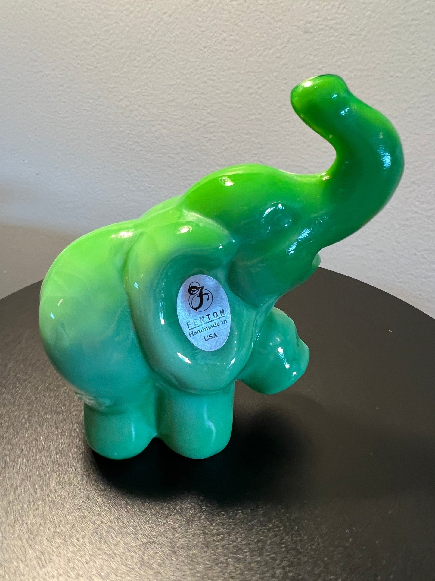 Vintage Fenton Green Slag Glass Elephant Figurine: Lucky Trunk Up