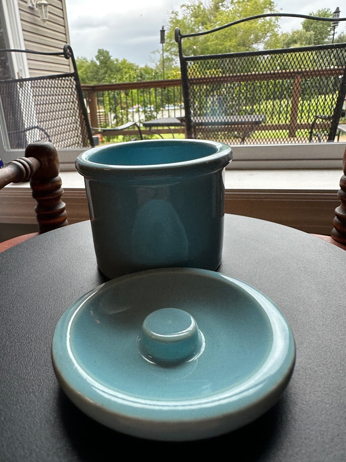 Vintage Blue Pottery Container with Lid: Folk Art Toothpick Holder