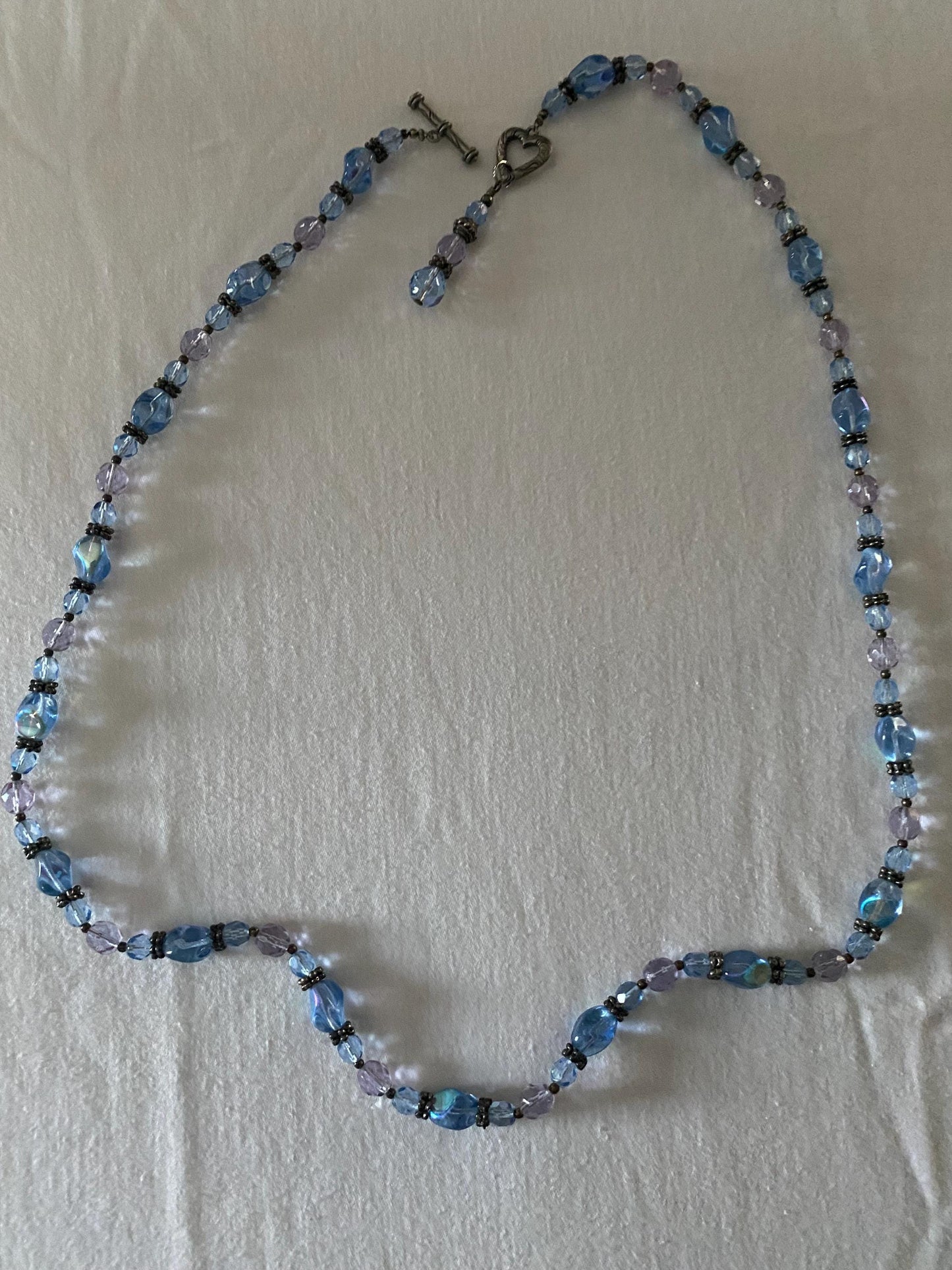 Vintage Blue Silver Beaded Necklace with Heart Clasp, Unique Gift for Her, Romantic Silver Jewelry, Antique Blue Beaded Necklace