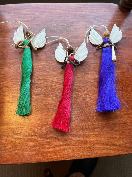 Bamboula Angel Ornaments Set of 3 Hand Crafted African Collection of 3 Ornaments Instruments Music Song Red Green Blue ornament handmade