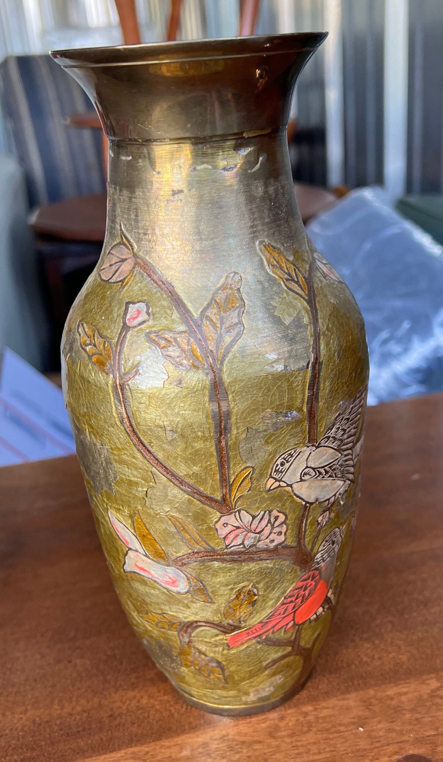 Antique chinese bronze vase hand painted and engraved with colorful birds on blooming tree
