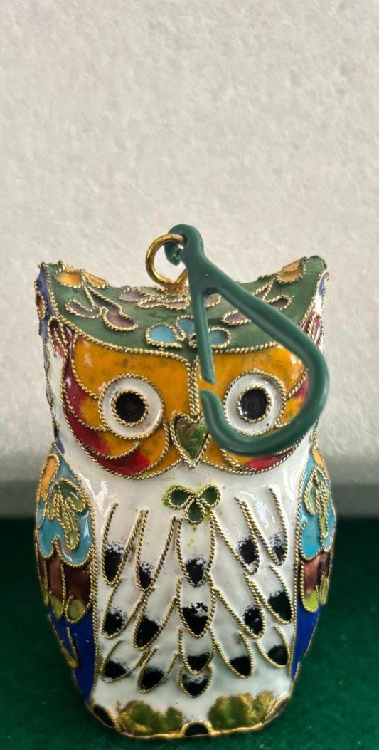 Vintage Cloisonné Enameled Owl Statue: Brass Owl Figurine