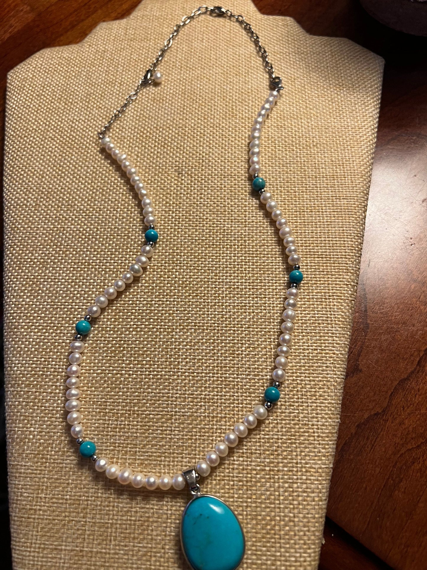 Vintage Sterling Silver Turquoise Pendant Pearl Beaded Necklace