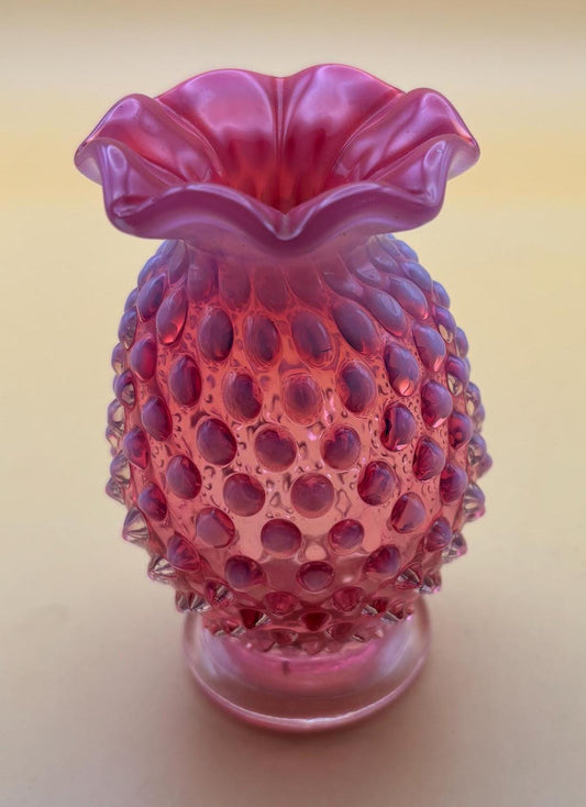 Vintage Fenton Cranberry Opalescent Miniature Hobnail Vase with Pedestal Lover Antiques and Vintage