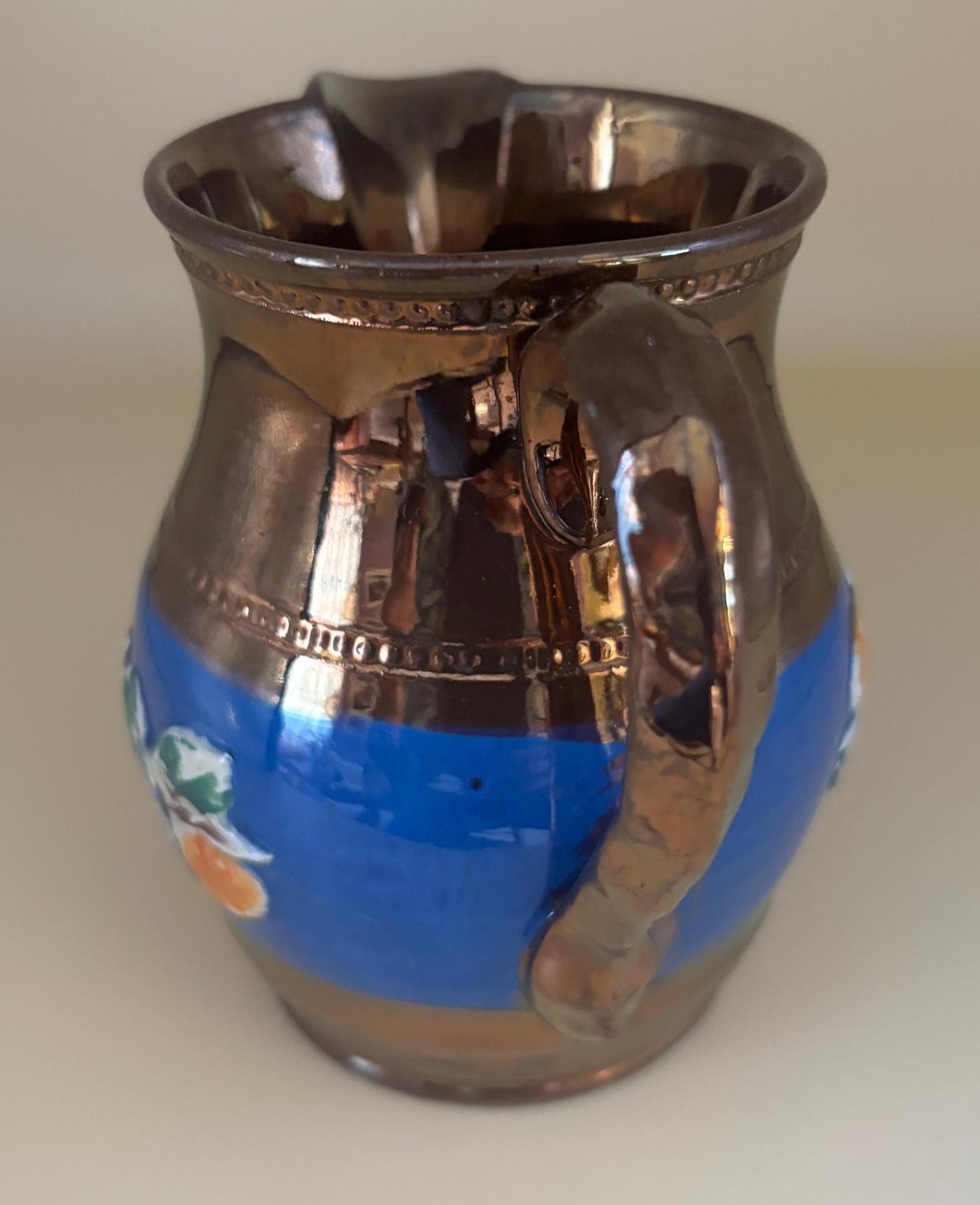 Antique Stafforshire Hand Painted Copper Lustreware Milk Jug Mini Pitcher Circa 1880’s Lover Antiques and Vintage