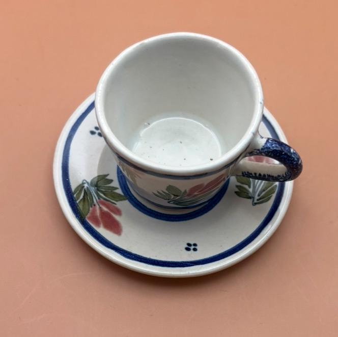Antique Henriot Quimper Pottery Tea Cup and Saucer Made in France Number 102 Flower Motif Blue and Rose Lover Antiques