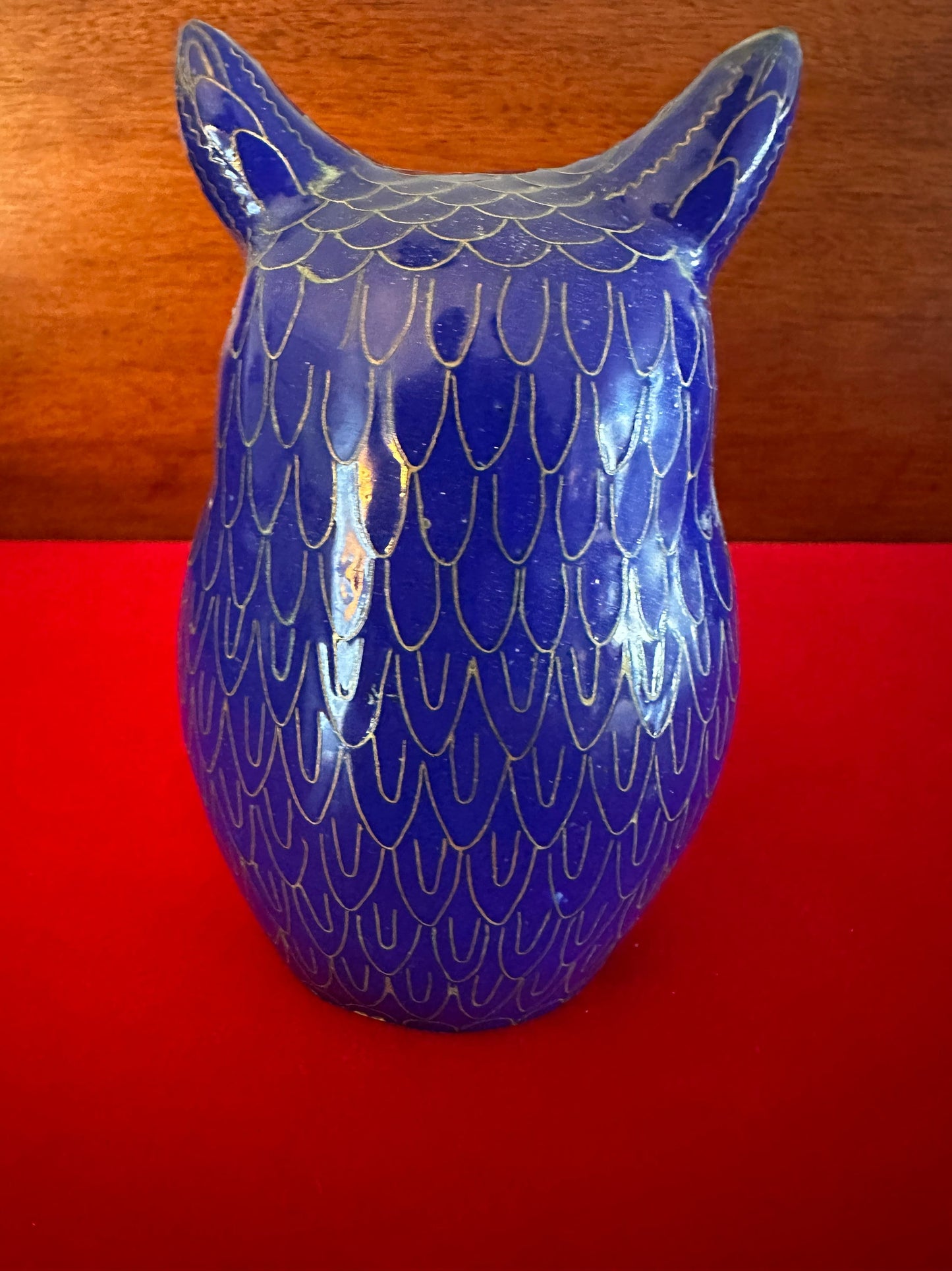 Vintage Cloisonné Enamel Owl Statue: Cobalt Blue & Brass