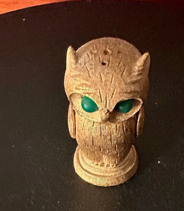 Vintage Florenza Gold Owl with Green Jade Eyes Figurine, Golden Green Eyed Owl, Lover Antiques and Vintage