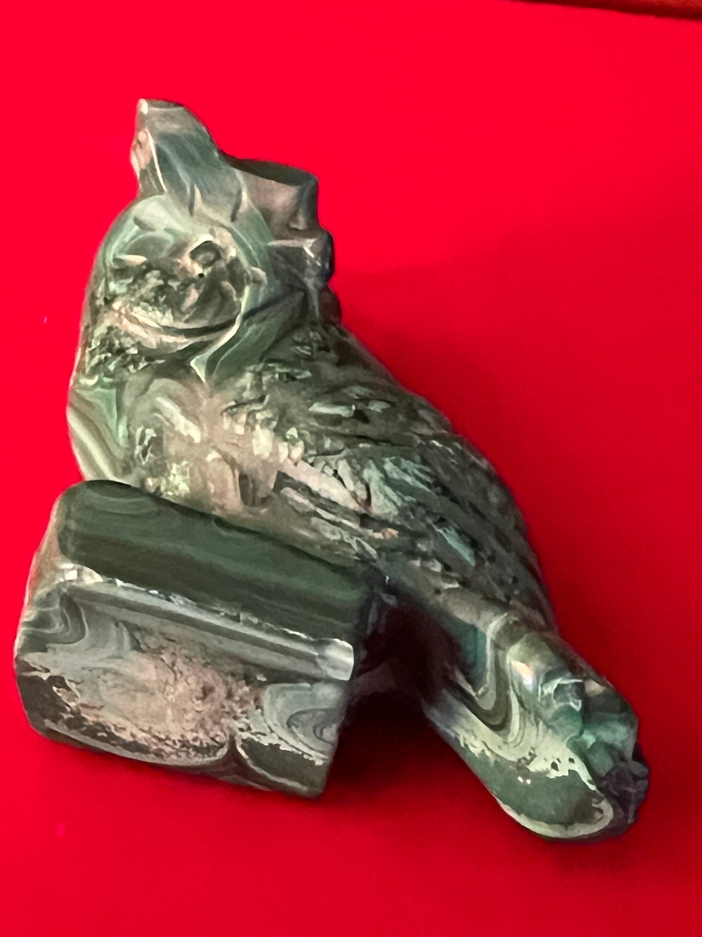 Vintage Carved Malachite Owl Figurine on Pedestal Base