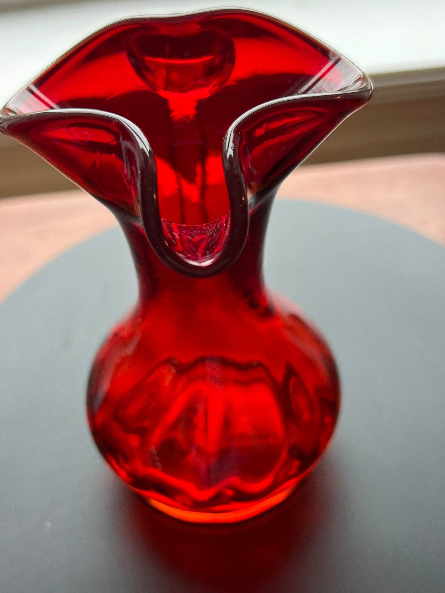 Vintage Kanawha Amberina Glass Pitcher: Red & Yellow Bud Vase, 5”