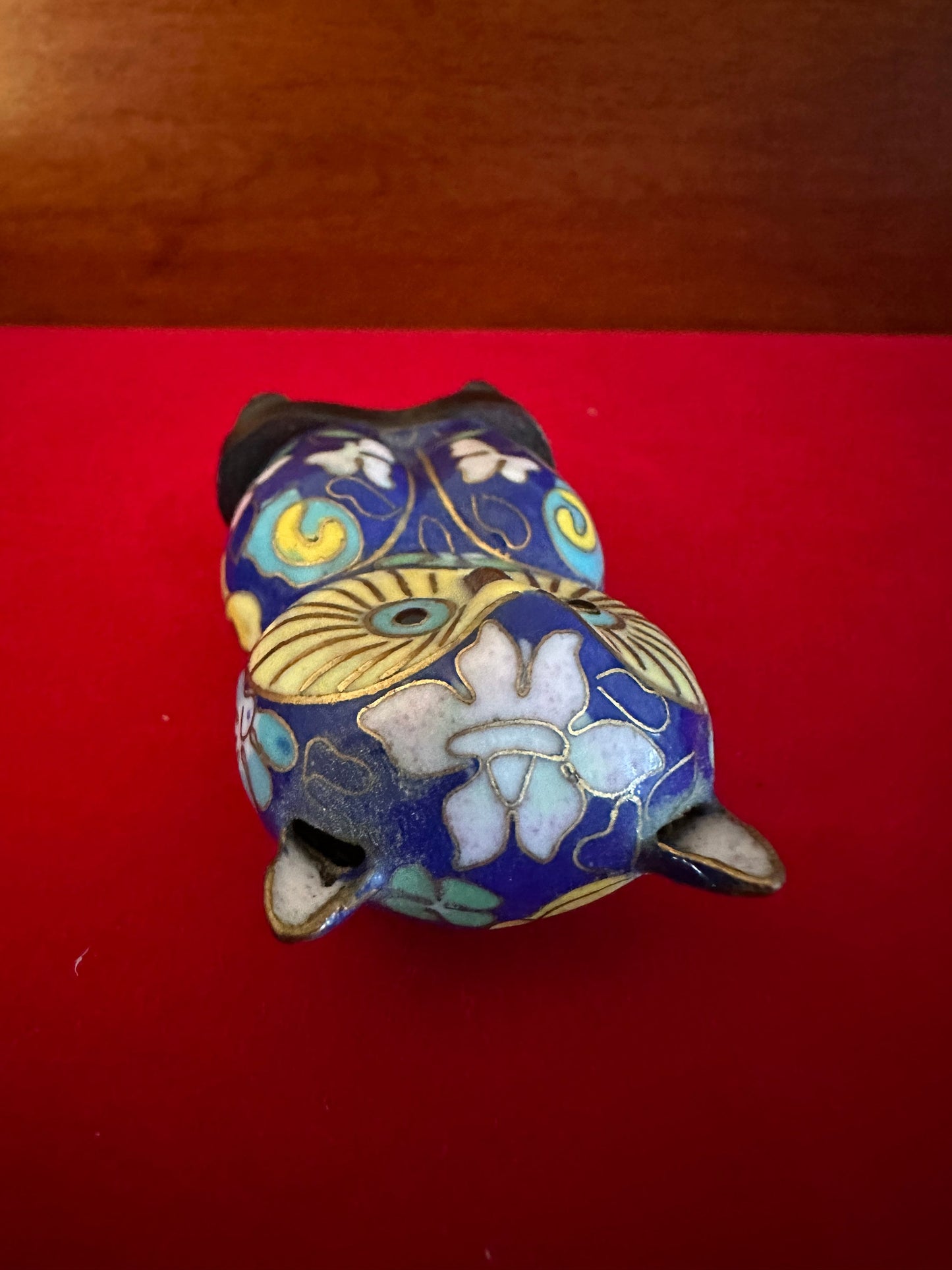 Vintage Cloisonné Enamel Owl Figurine on Stool: Cobalt Blue Brass Statue