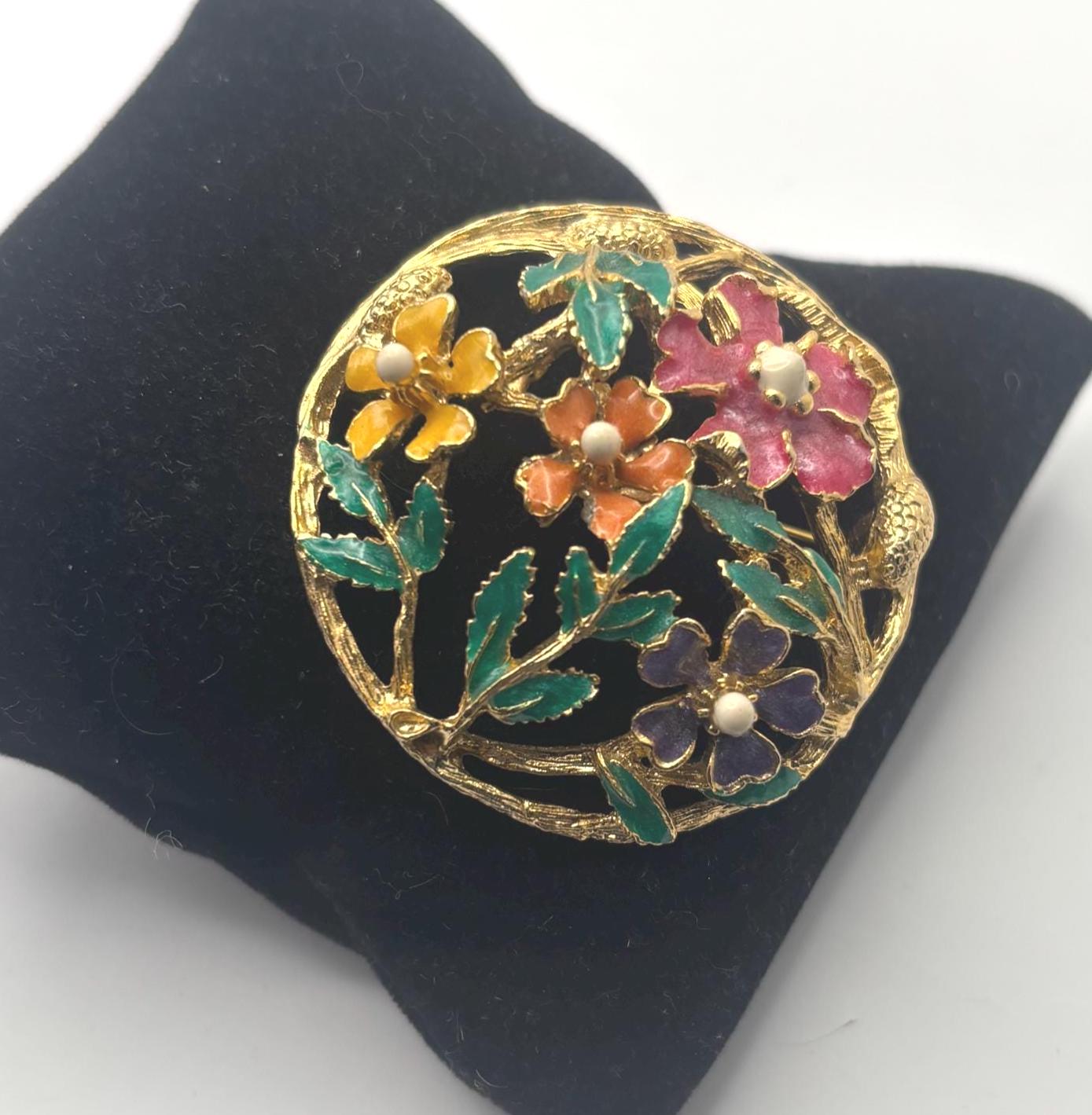Catherine Popesco Flower Enamel Pin and Gold Floral Brooch, Lover Antiques and Vintage