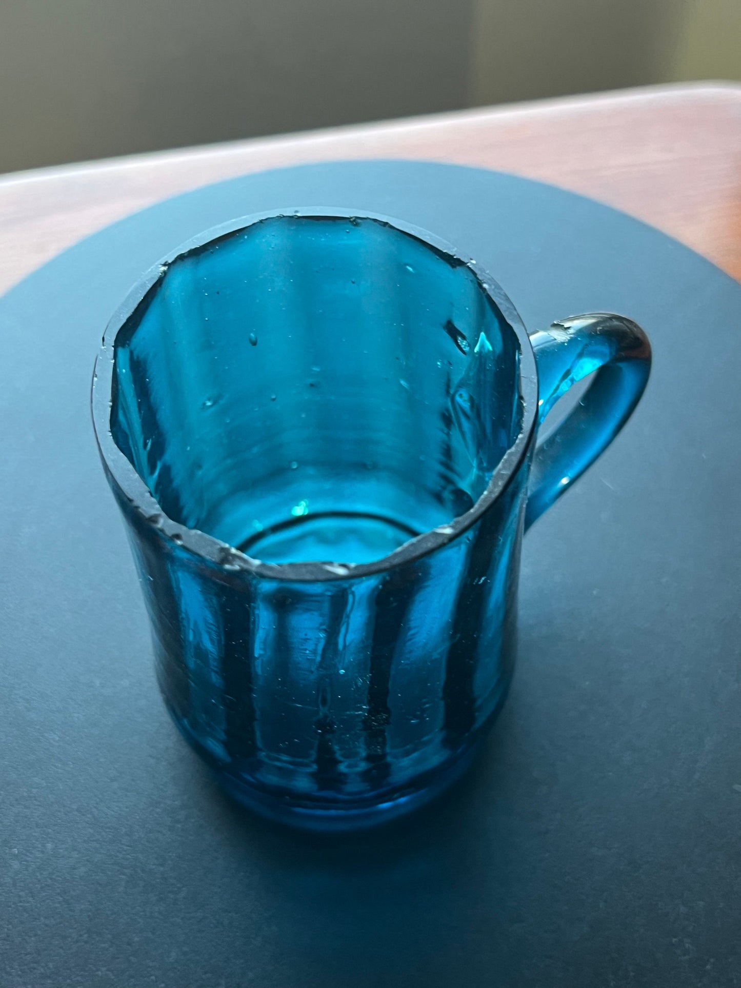 Vintage Blue Paneled Glass Cup with Handle