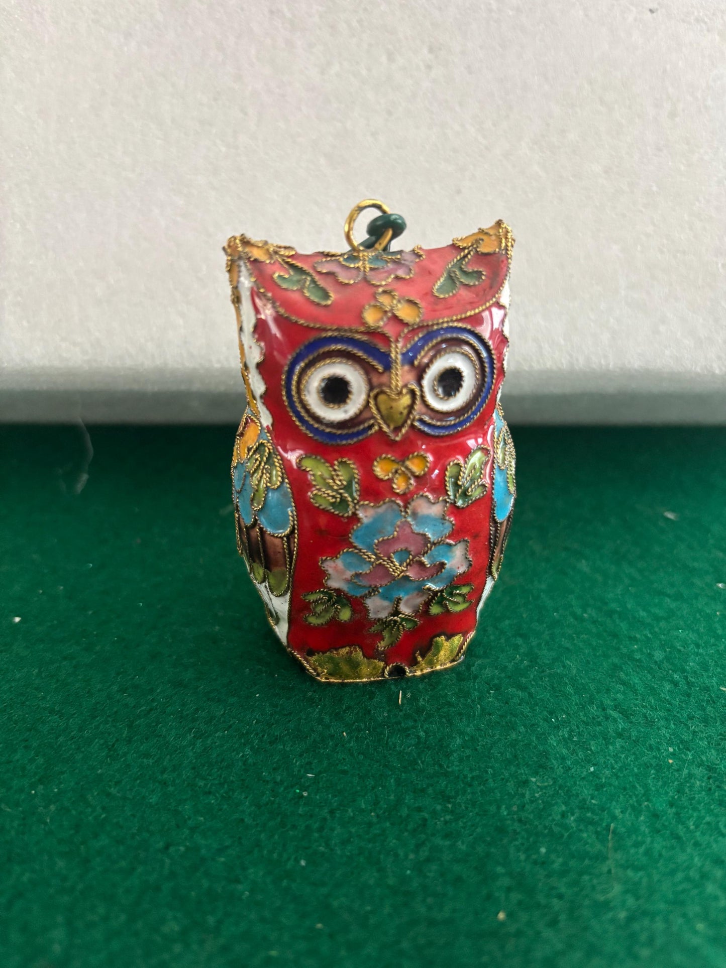 Vintage Red Cloisonné Owl Statue: Enameled Brass Figurine
