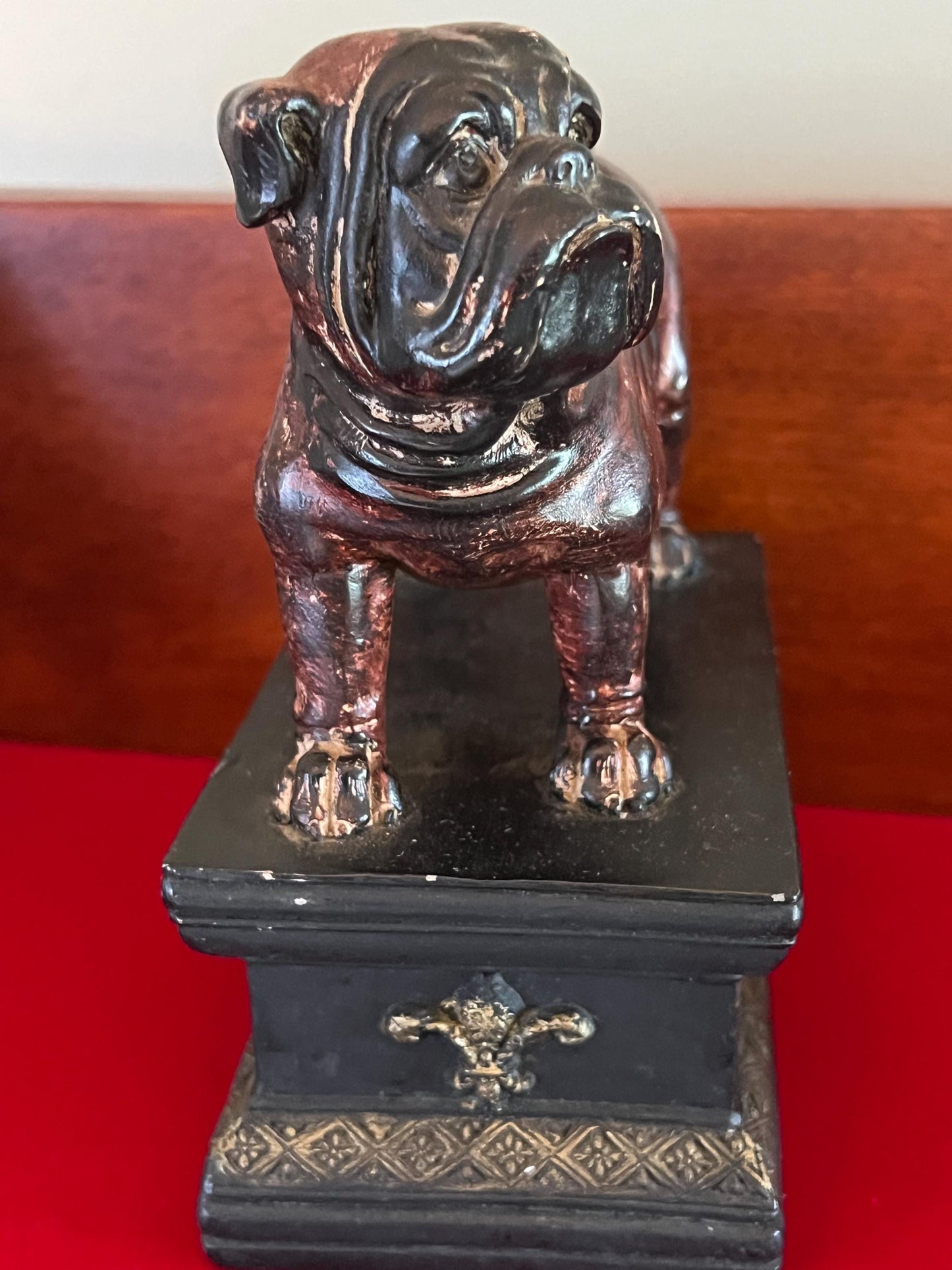 Vintage Brown Bulldog Statue with Fleur de Lis Base