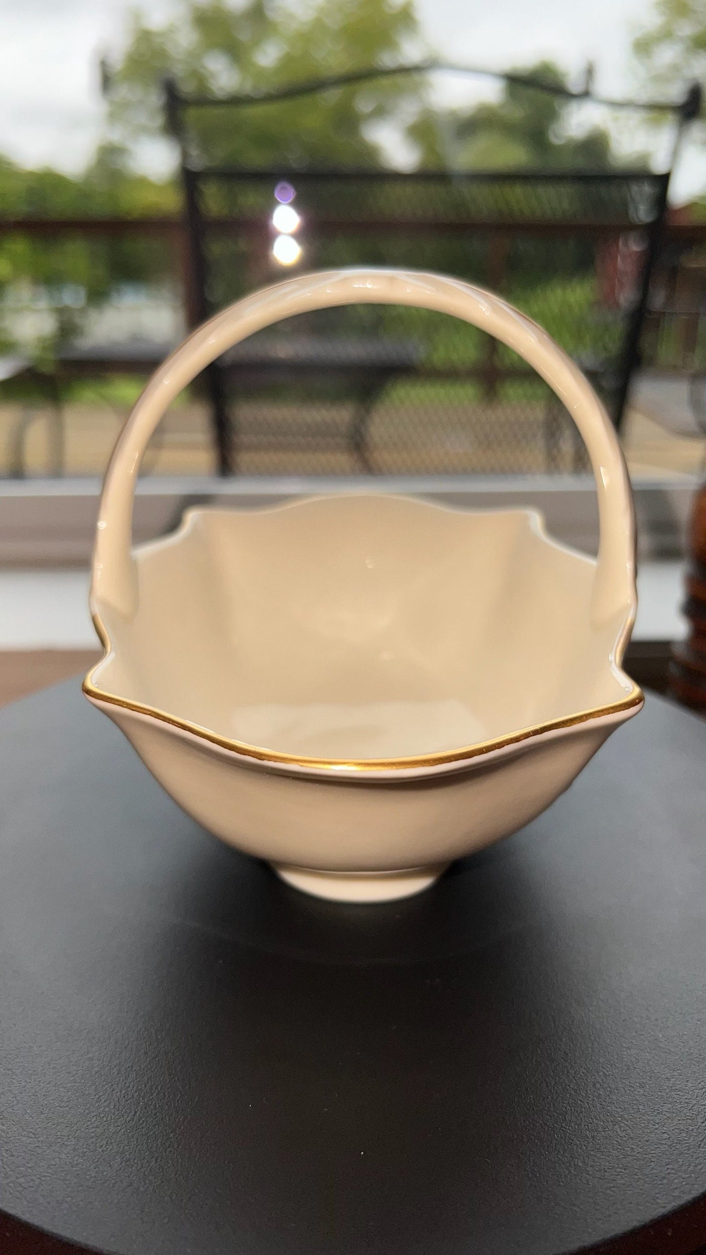 Vintage Lenox Cream Porcelain Basket: 24K Gold Gilded Nut Dish, Made in USA