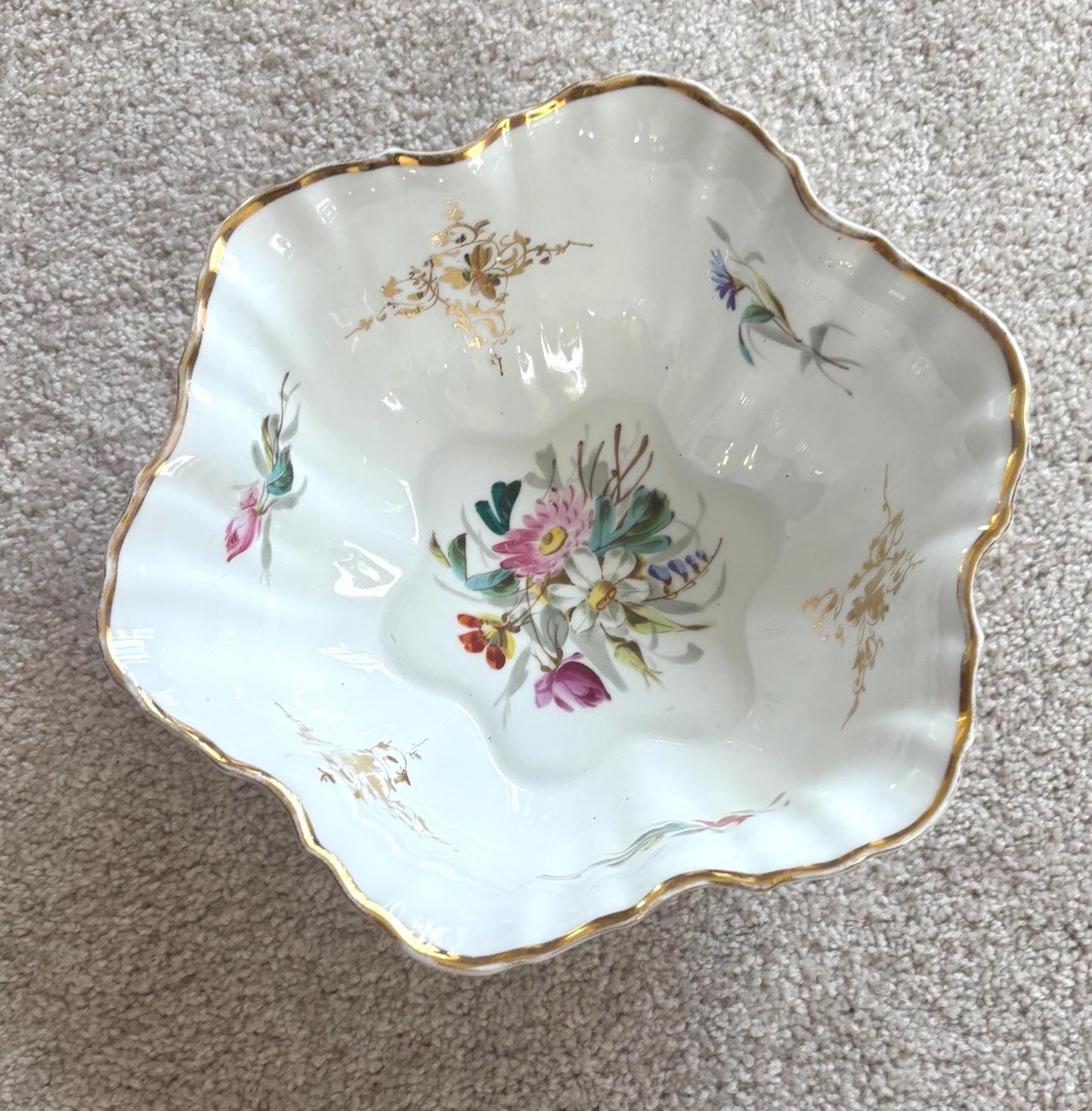 Antique German Dresden Scalleoped With Gold Trim, Ruffled Serpentine Floral Butterfly Bowl, Gold Gilded Plate, Lover Antiques and Vintage