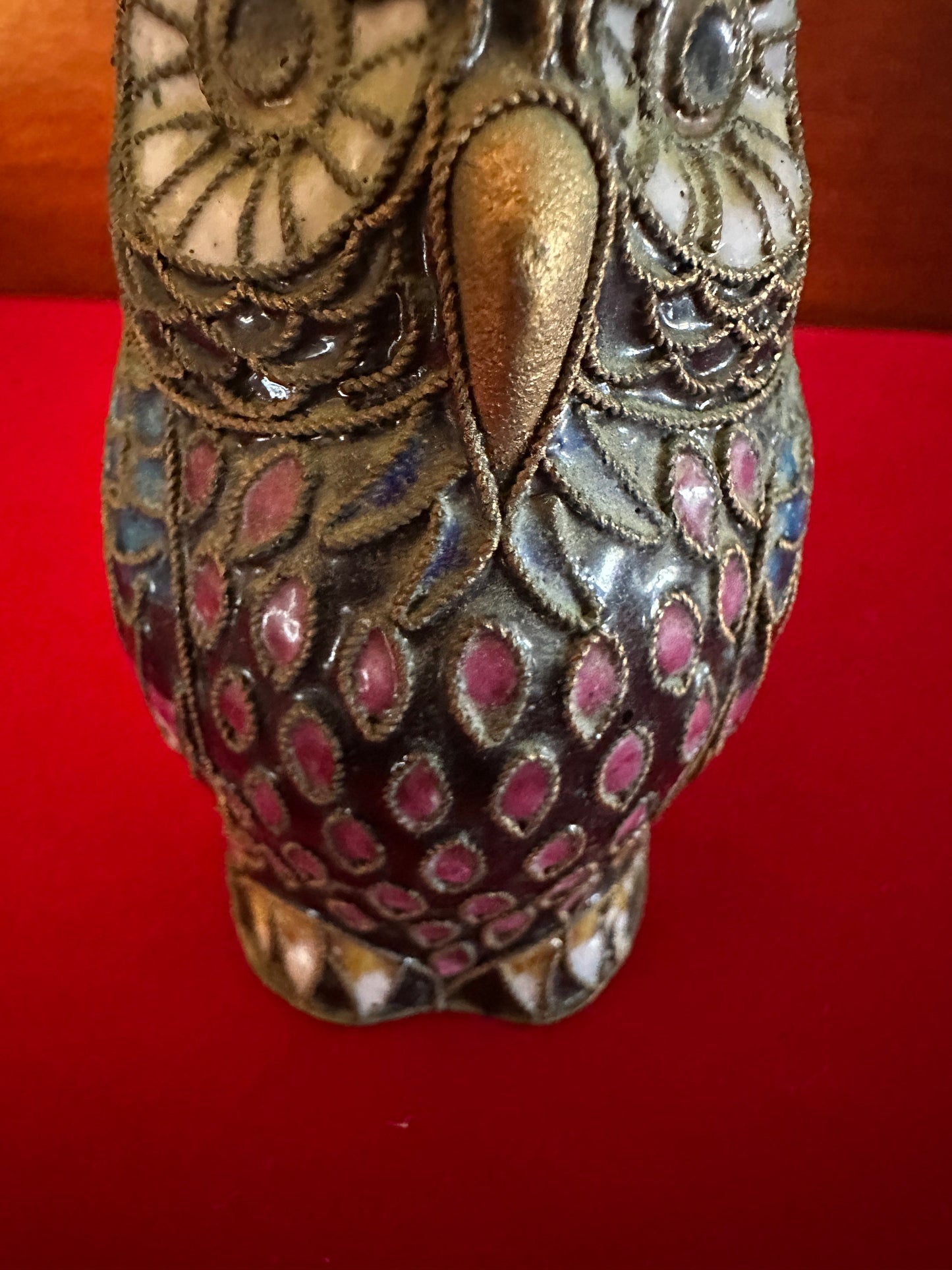 Vintage Cloisonné Owl Statue: Enameled Brass Figurine with Gold Top