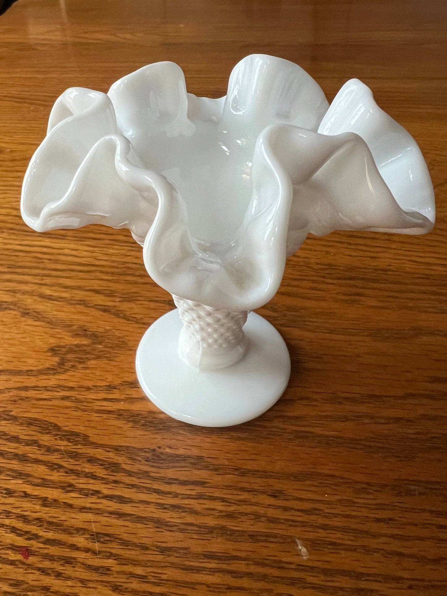 Vintage White Hobnail Glass Vase: Ruffled Edge, Art Glass