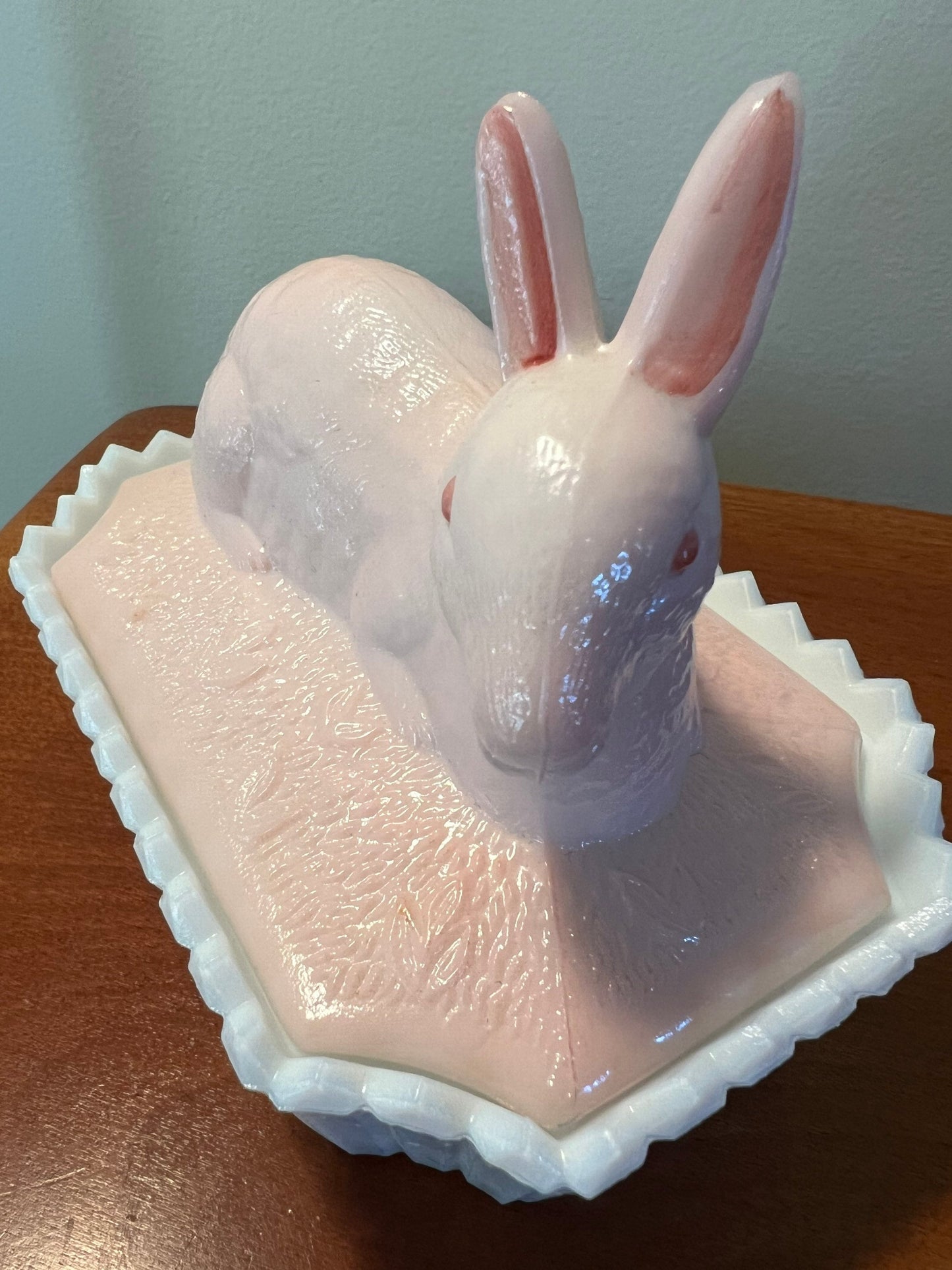 Vintage Westmoreland Hand Painted Pink Over White Milk Glass Nesting Bunny 2 Piece Trinket Box Dish Glass Art Lover Antiques and Vintage