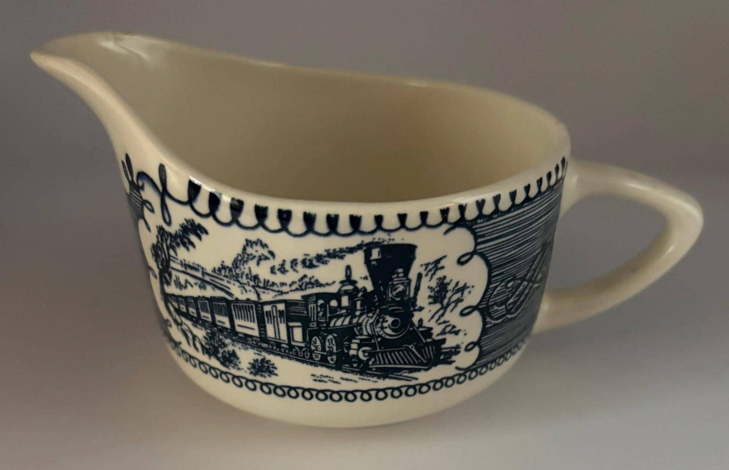 Vintage Currier & Ives Blue and White Creamer Mini Pitcher Lover Antiques and Vintage