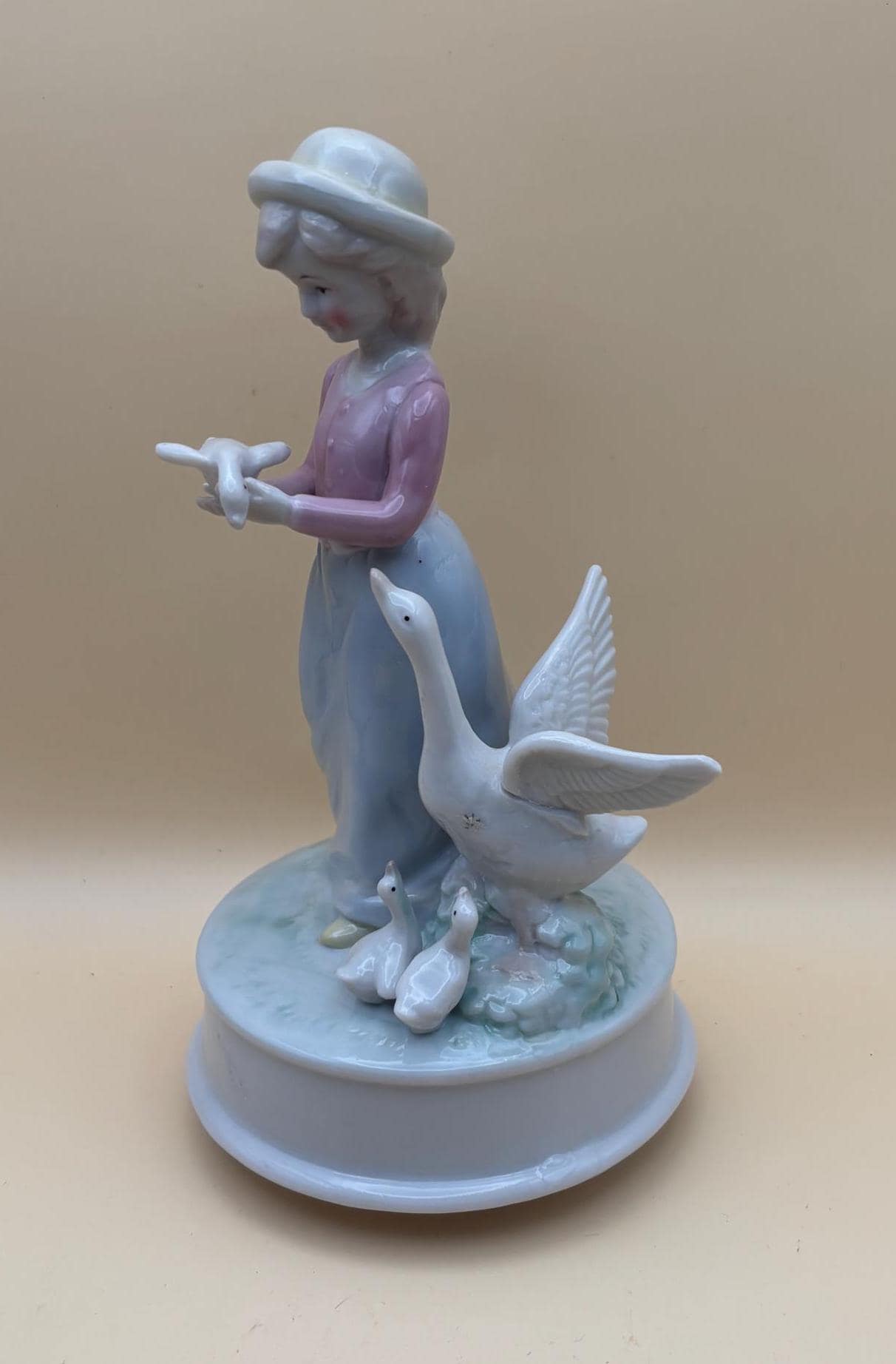 Vintage Woman with Geese Music Box Statue Hand Painted Figurine Lover Antiques and Vintage