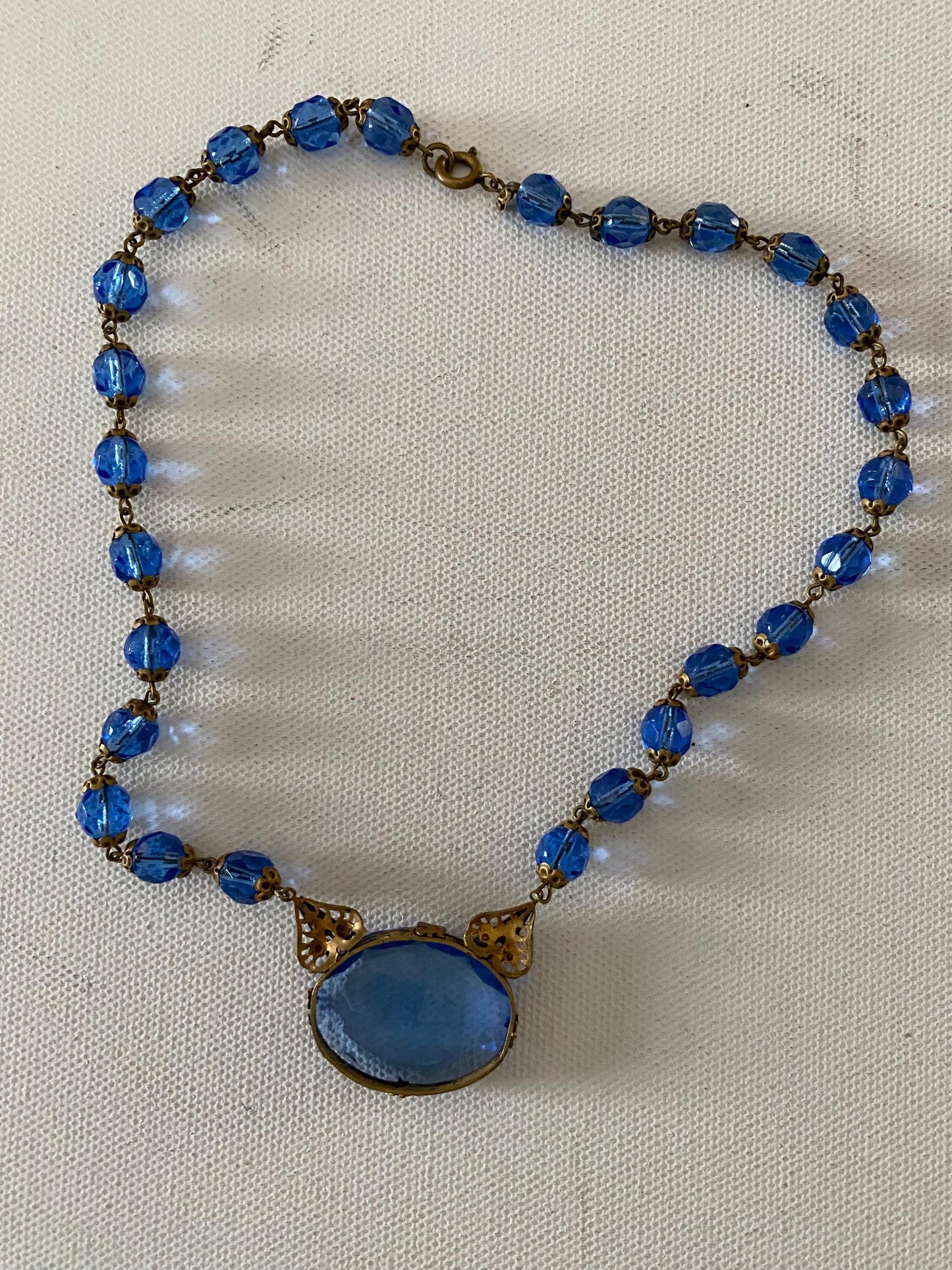 Vintage Czechoslovakian Blue Glass Necklace: Filigree Pendant