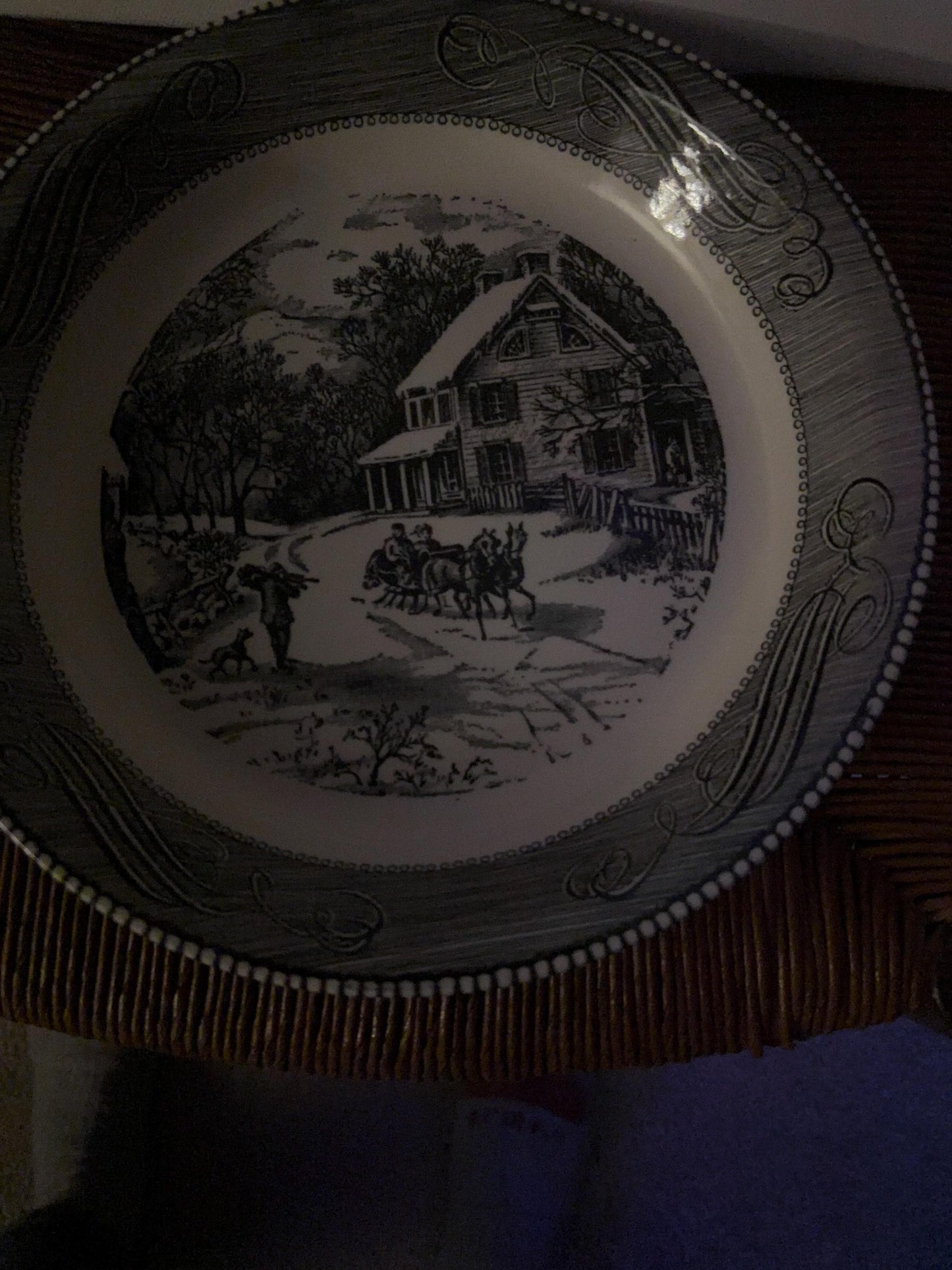 Vintage Royal China Jeannette Bowl Blue & White Carriage with Horses Outdoor Scene House Lover Antiques and Vintage