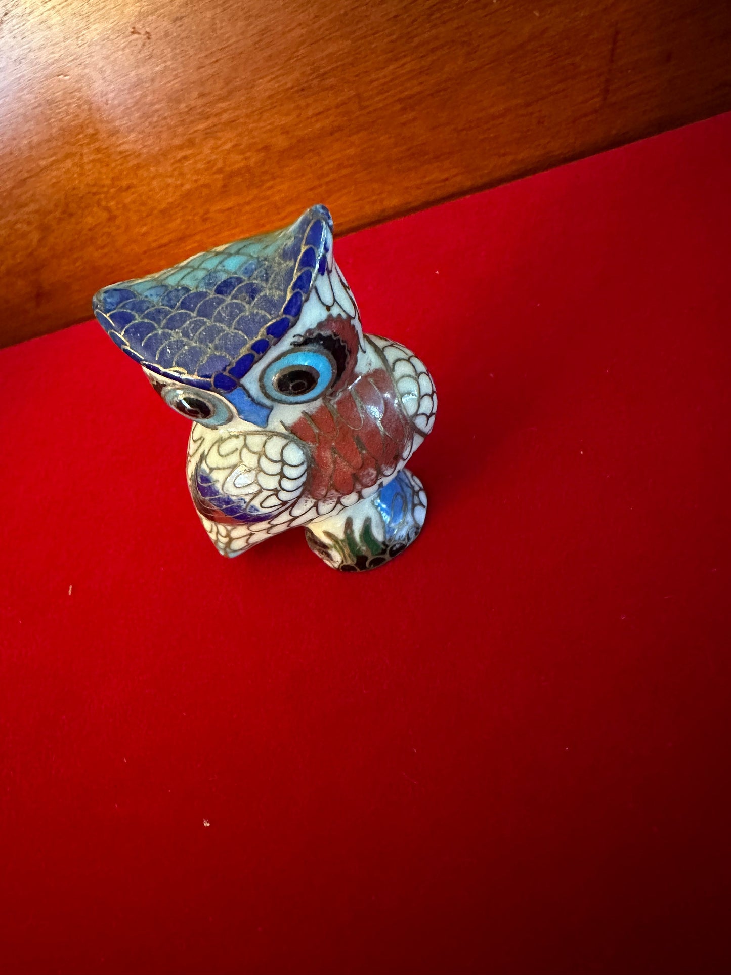 Vintage Cloisonné Enamel Owl Figurine: Cobalt Blue Brass Statue
