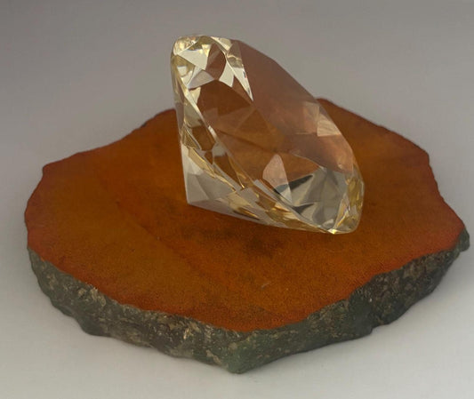 Vintage Citrine Faceted Glass Diamond Stone, Pointed Cut Brilliant Crystal Decor