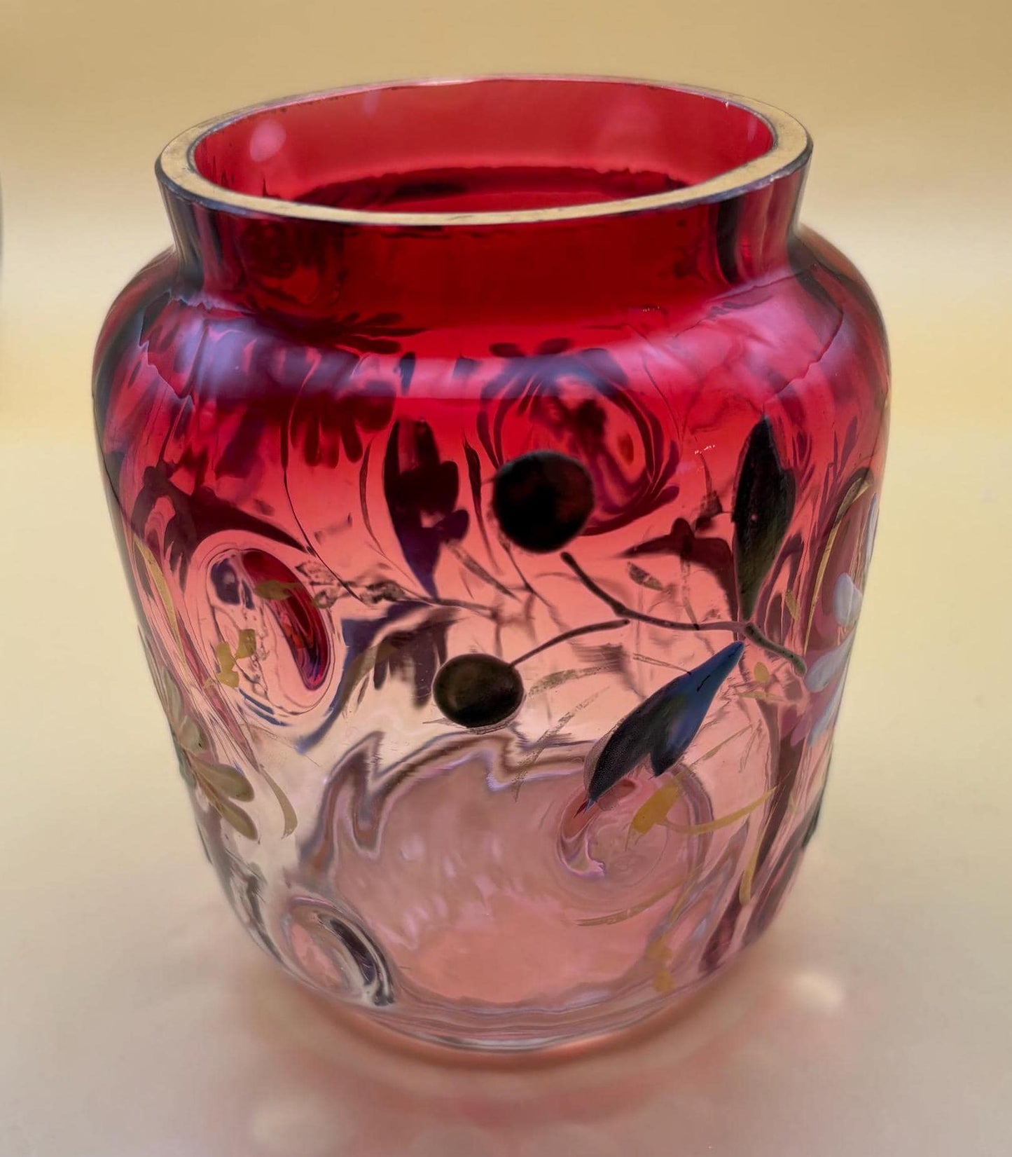 Antique Red Pink White Hombre Hummingbird Vase Hand Painted with Gold Gilding Glass Stevens and Williams Style Lover Antiques and Vintage
