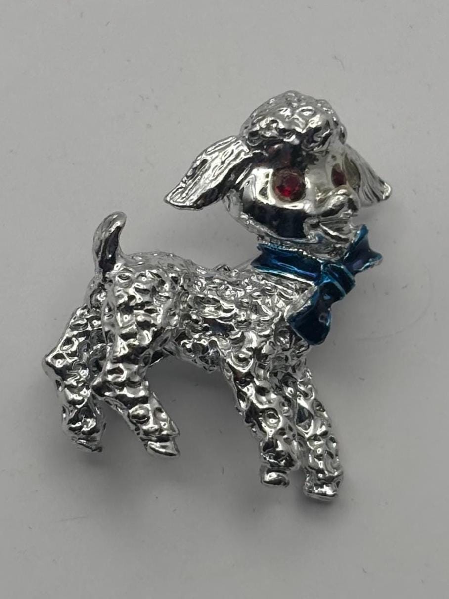 Silver Lamb Pin with Red Rhinestone Eyes and Blue Bow, Little Lambie Pin