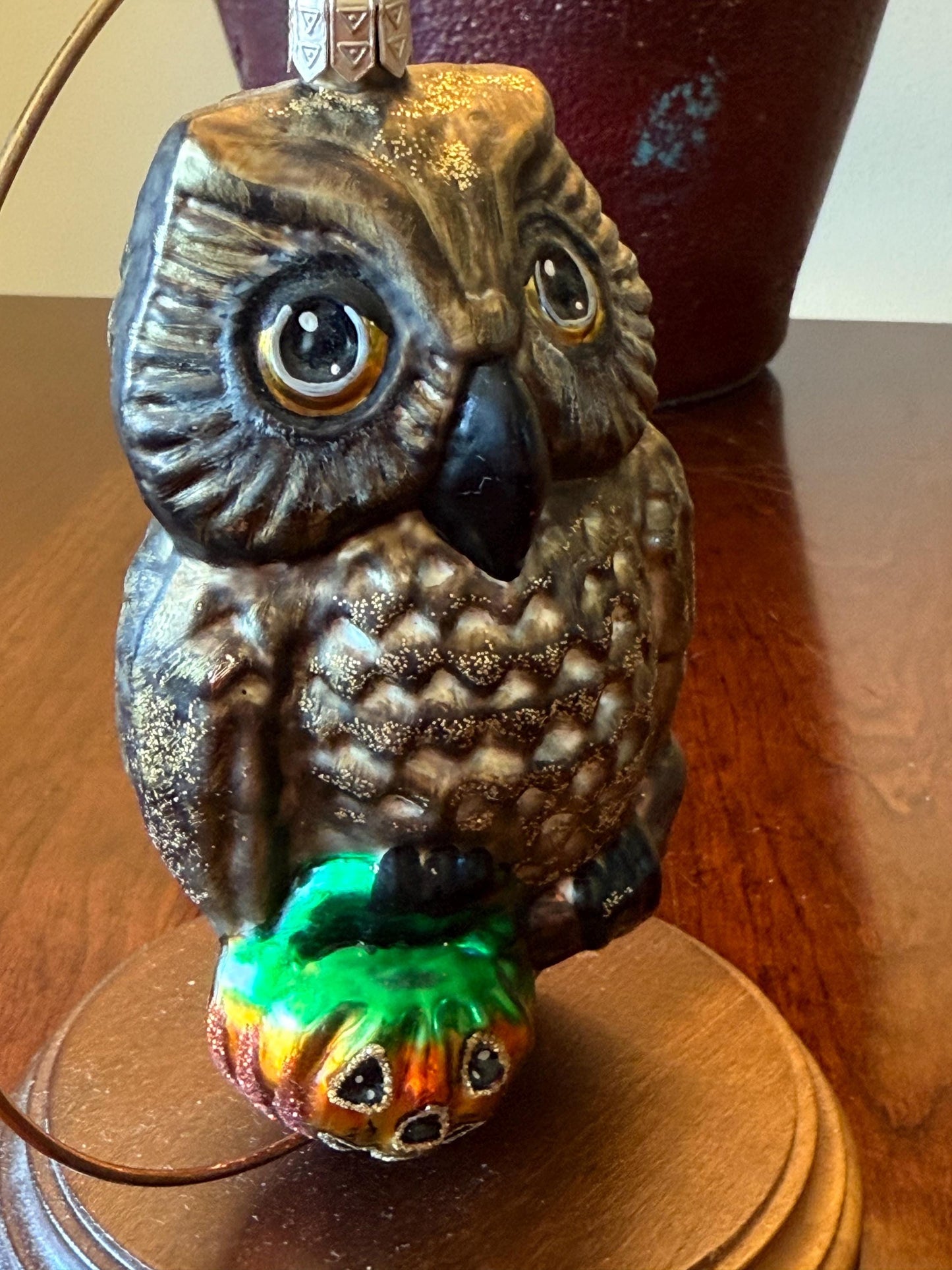 Vintage Owl with Pumpkin Ornament Slavic Poland Hand Blown Green Glass Owl Christmas Holiday Lover Antiques and Vintage