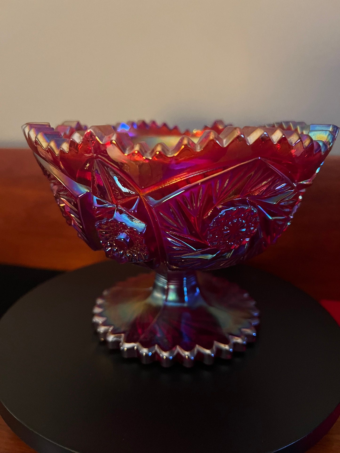 Vintage LE Smith Ruby Red Carnival Glass Footed Bowl: Heritage Aztec Design