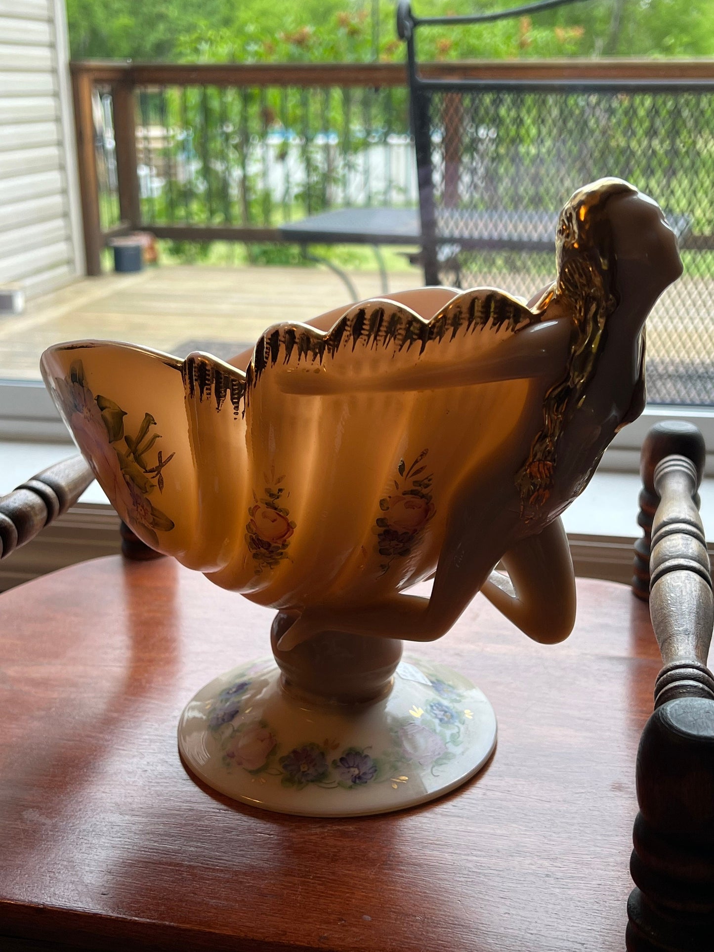 Vintage Cambridge Crown Tuscan Flying Lady Compote: Gilt Floral Opalescent Peach Glass Bowl