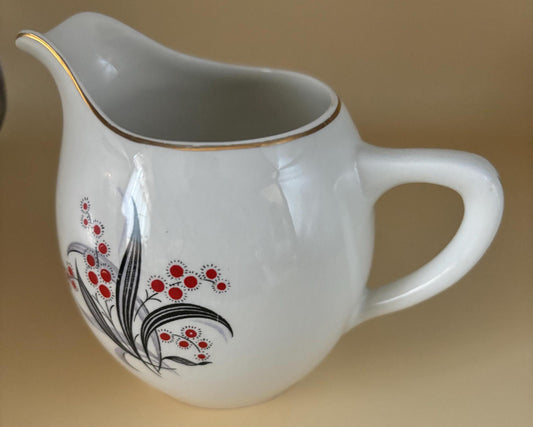 Vintage Wedgwood & CO.LTD. Creamer Made in England Porcelain Gray Black Leaves Red Dot Floral Gold Gild Trim Lover Antiques and Vintage