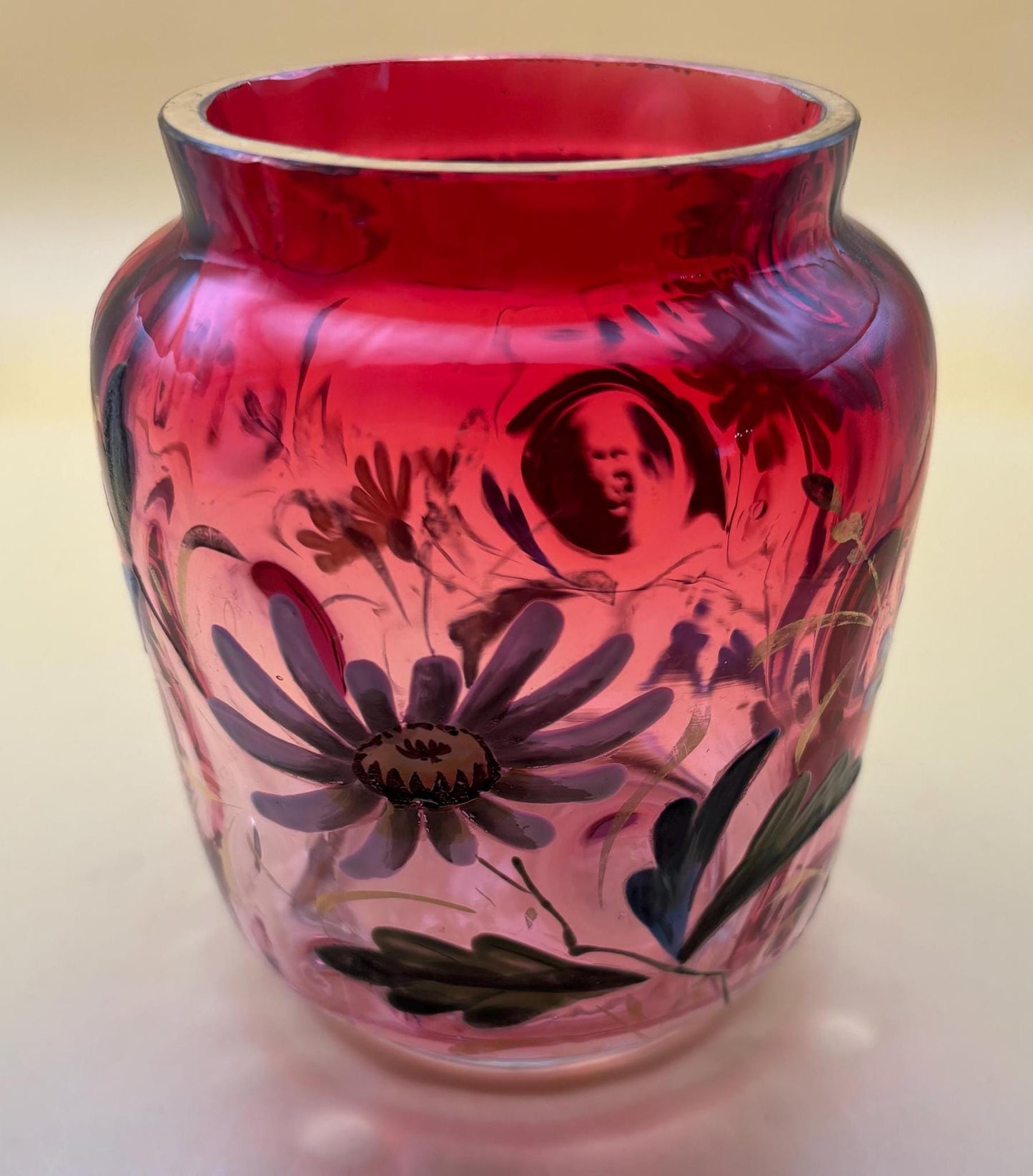 Antique Red Pink White Hombre Hummingbird Vase Hand Painted with Gold Gilding Glass Stevens and Williams Style Lover Antiques and Vintage