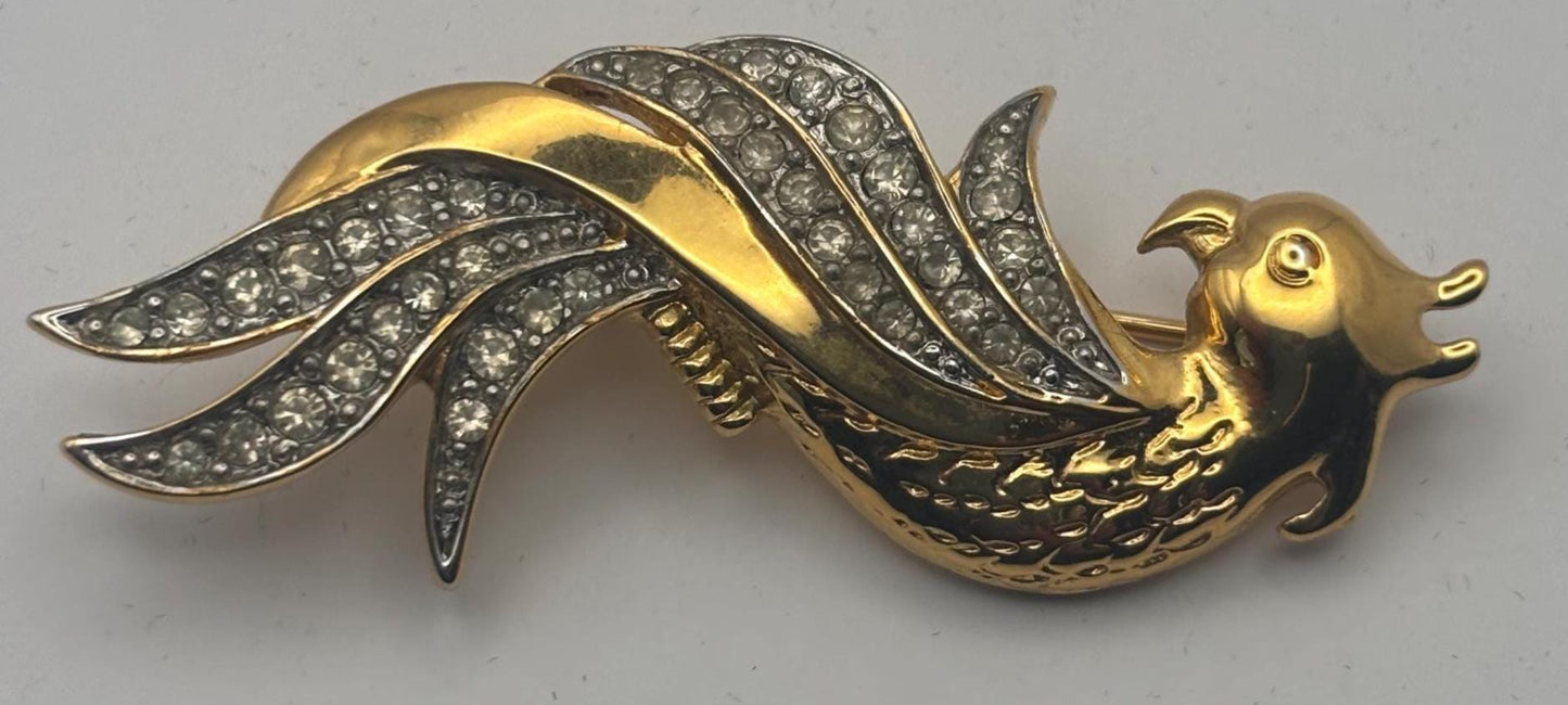 Van Dell Gold Rhinestone Parrot Brooch