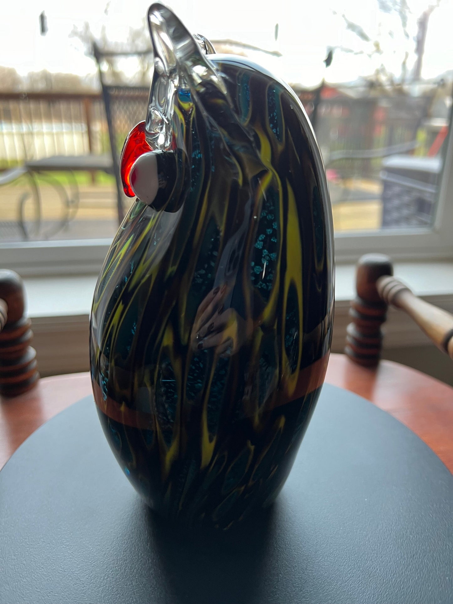 Vintage Murano Style Art Glass Owl Figurine: Blue, Red, and Gold Sculpture