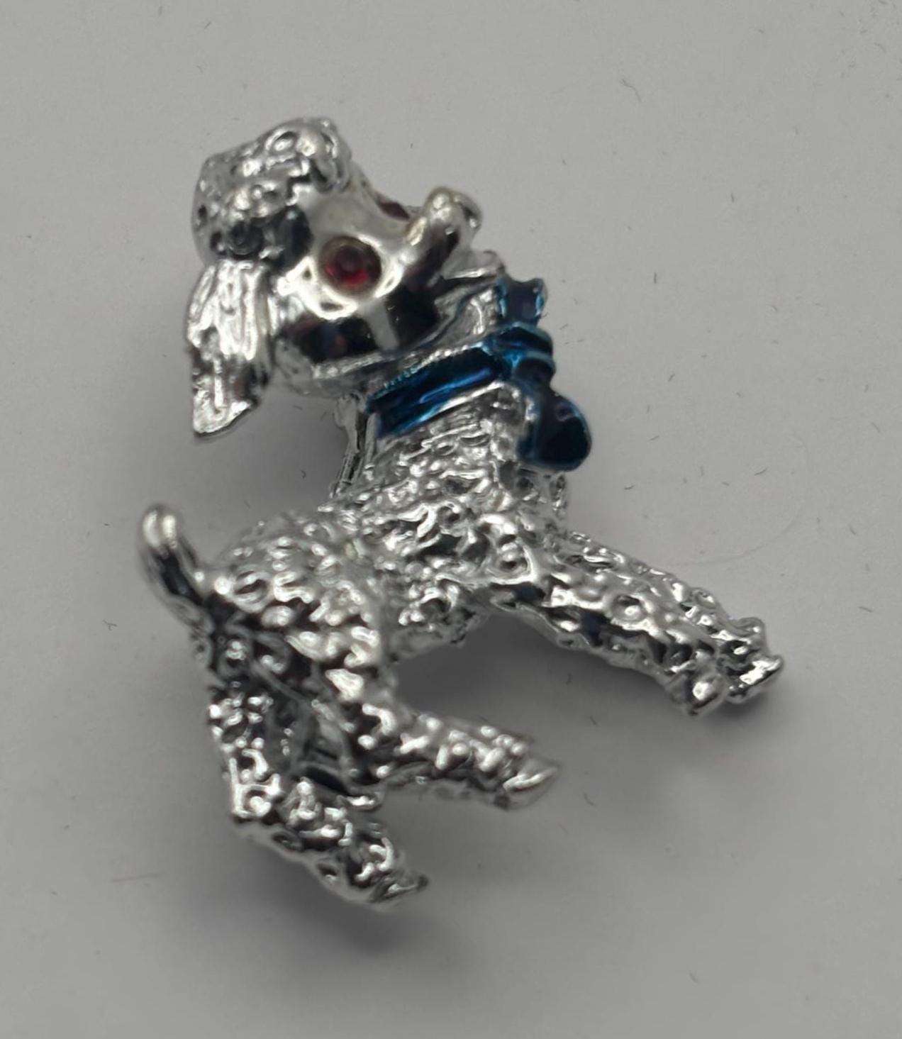 Silver Lamb Pin with Red Rhinestone Eyes and Blue Bow, Little Lambie Pin