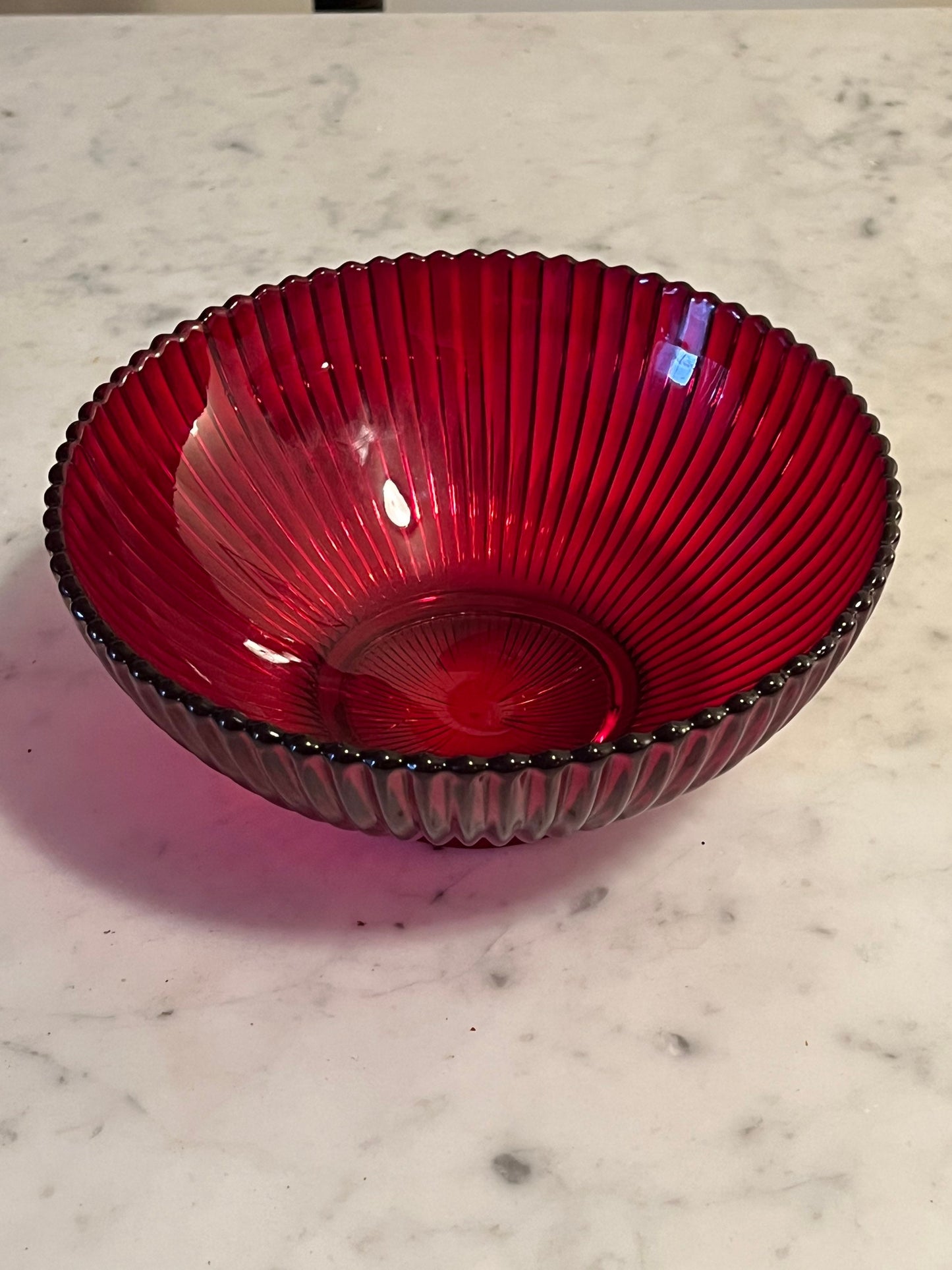 Vintage Anchor Hocking Glass Round Serving Bowl Queen Mary vertical ribbed or prismatic line pattern