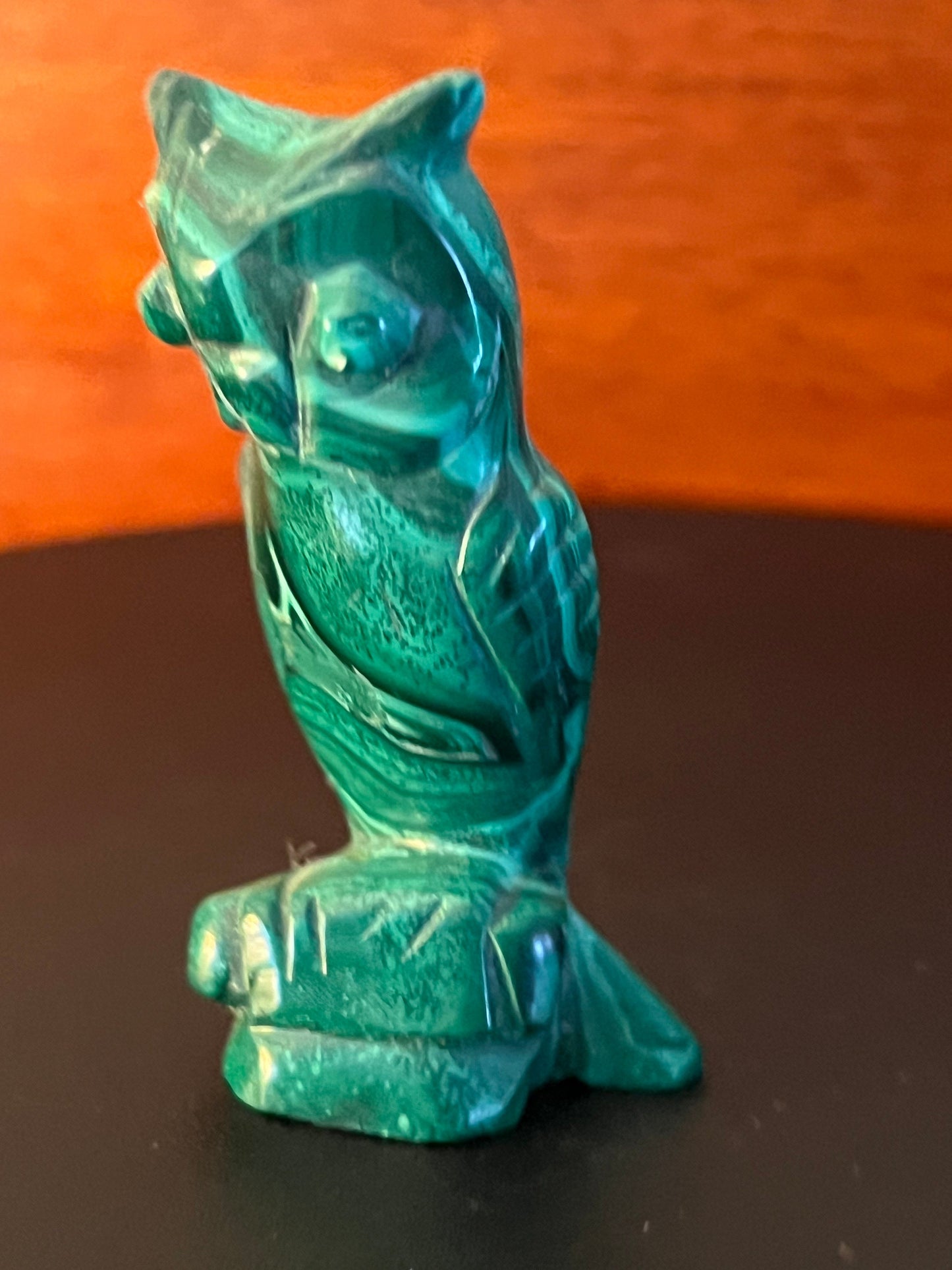 Vintage Carved Malachite Owl Figurine on Pedestal