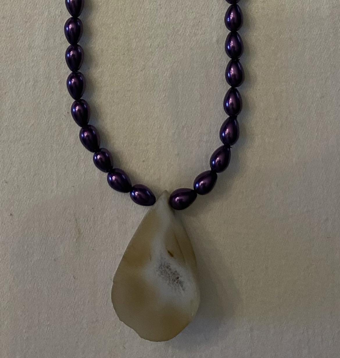 Vintage Purple Beaded Necklace with Natural Geode Pendant